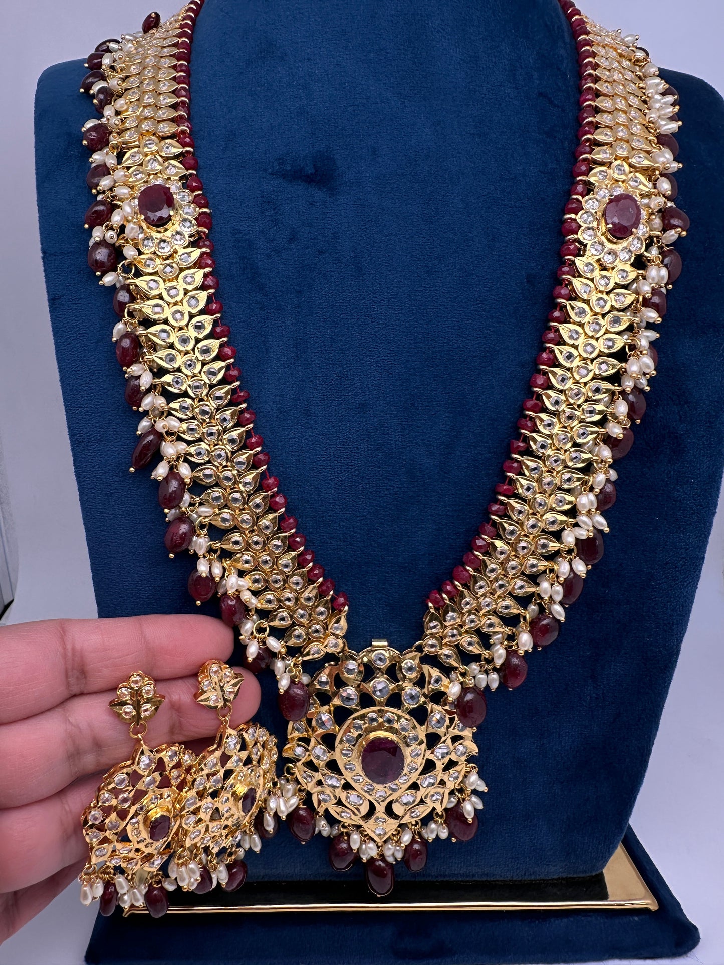 Polki CZ 6 Carat Gold Plated Real Ruby Long Necklace