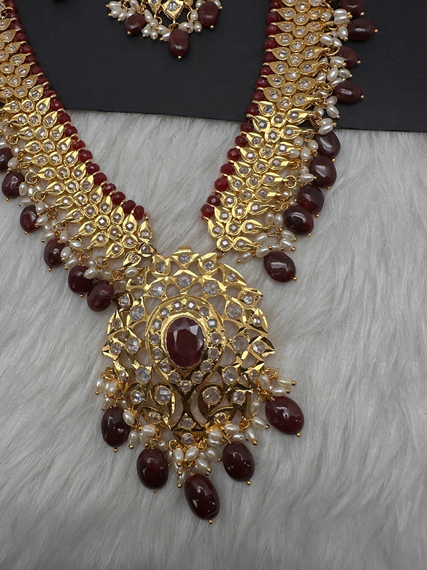 Polki CZ 6 Carat Gold Plated Real Ruby Long Necklace