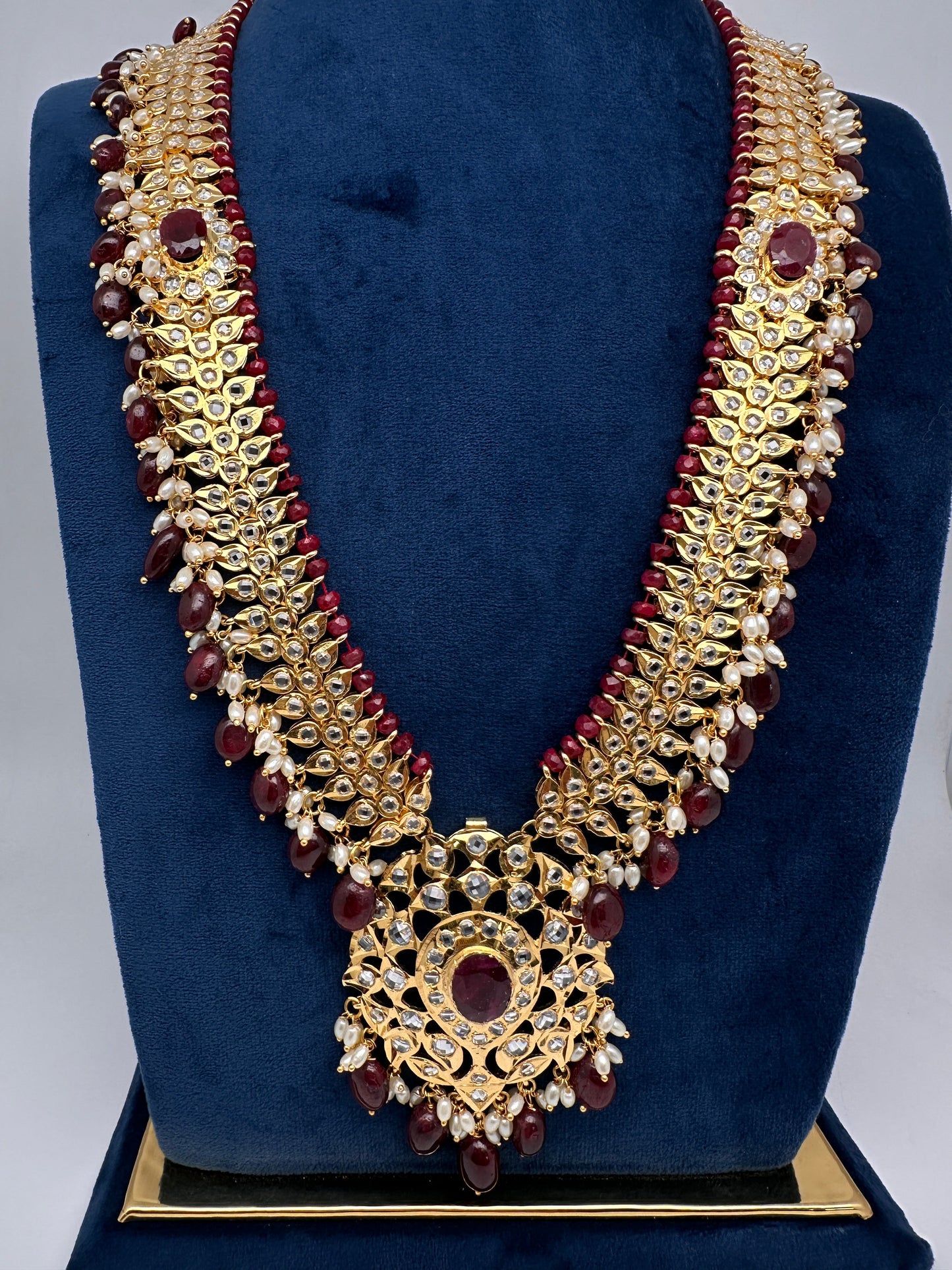 Polki CZ 6 Carat Gold Plated Real Ruby Long Necklace