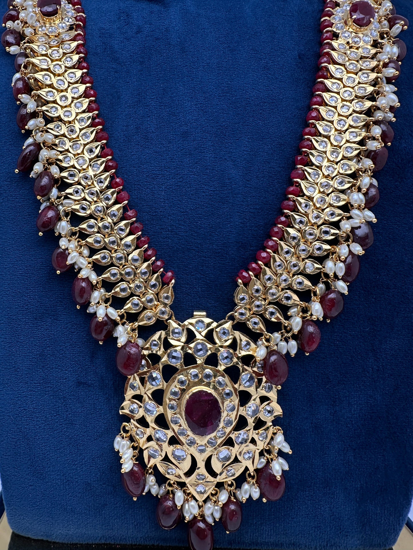 Polki CZ 6 Carat Gold Plated Real Ruby Long Necklace