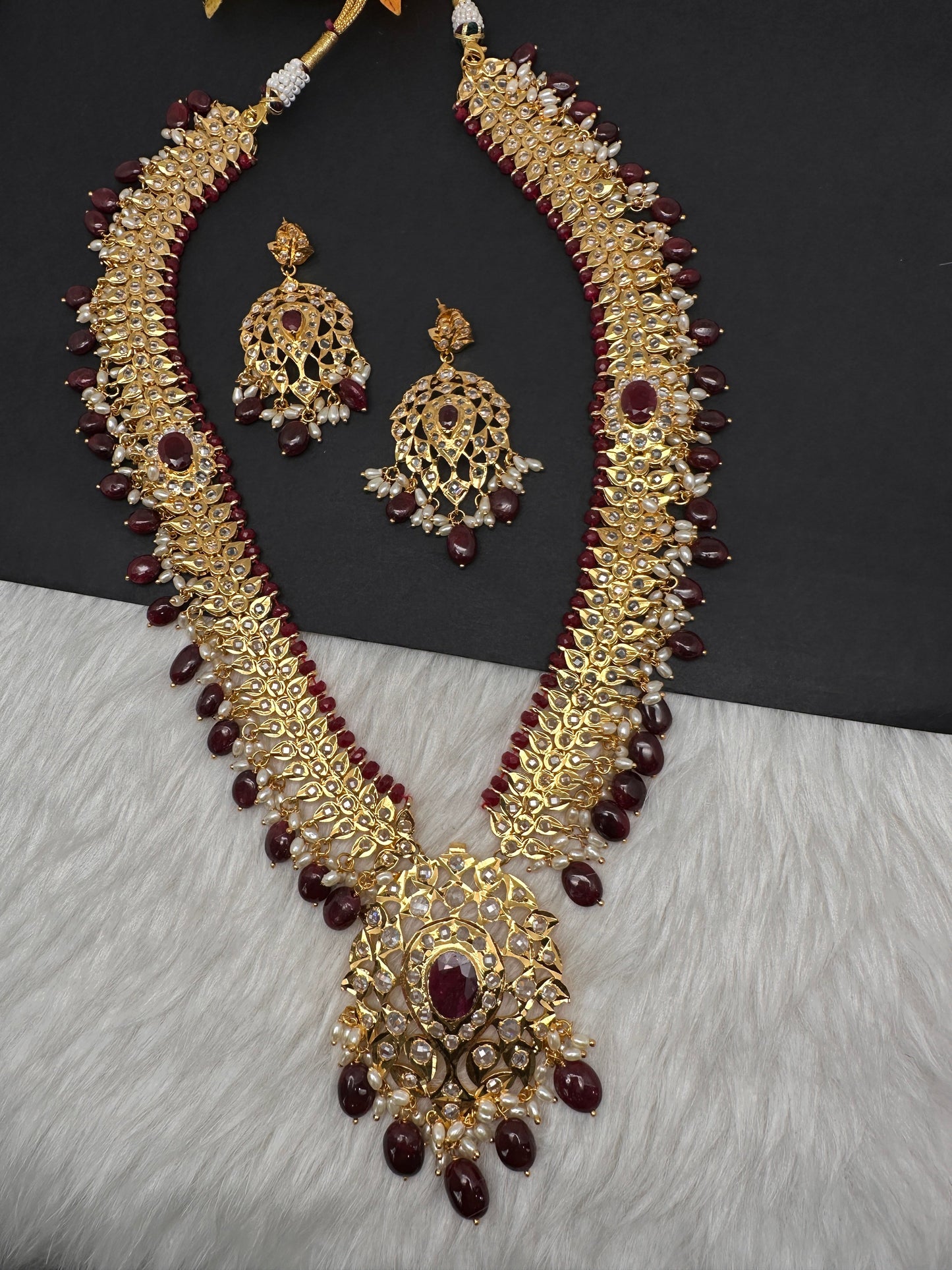 Polki CZ 6 Carat Gold Plated Real Ruby Long Necklace