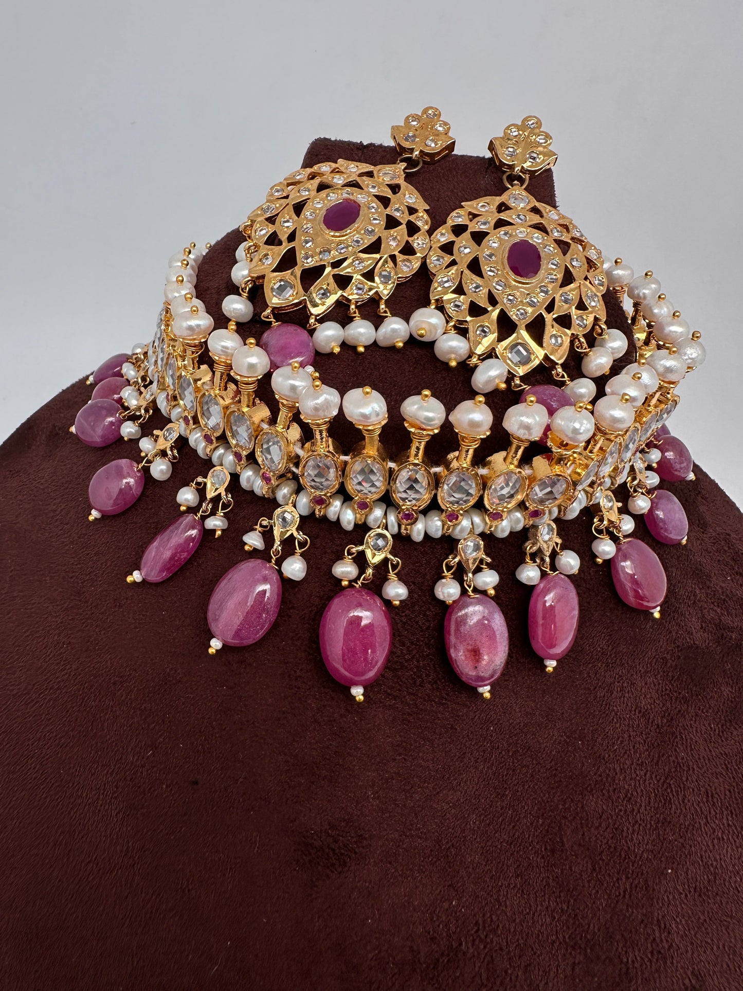 Polki CZ 6 Carat Gold Plated Real Pearls Ruby Choker Necklace