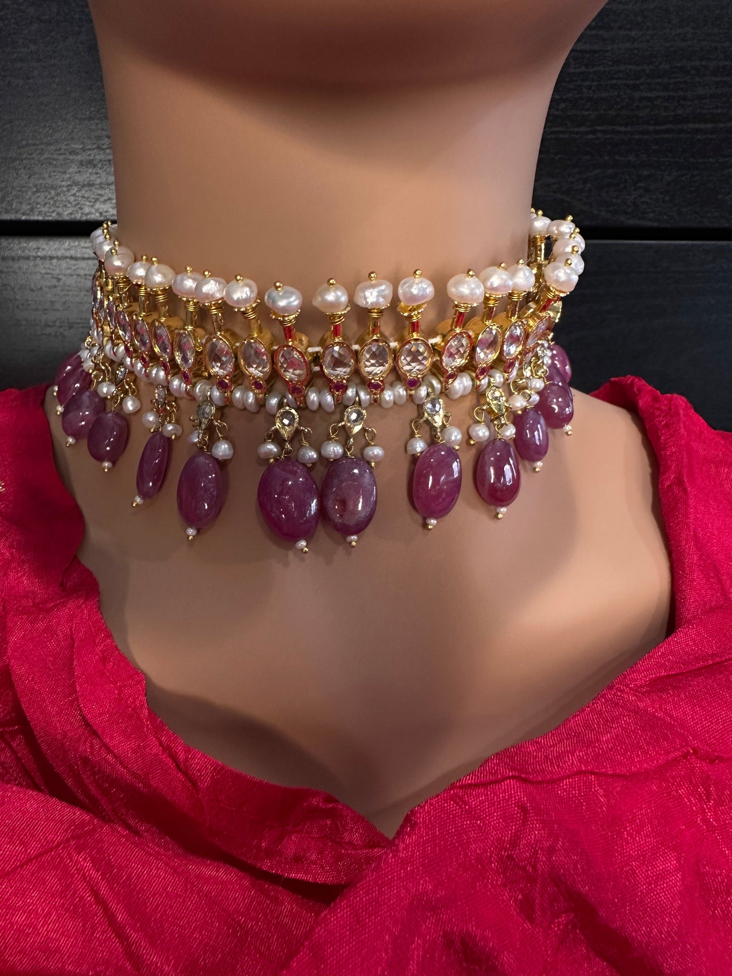 Polki CZ 6 Carat Gold Plated Real Pearls Ruby Choker Necklace