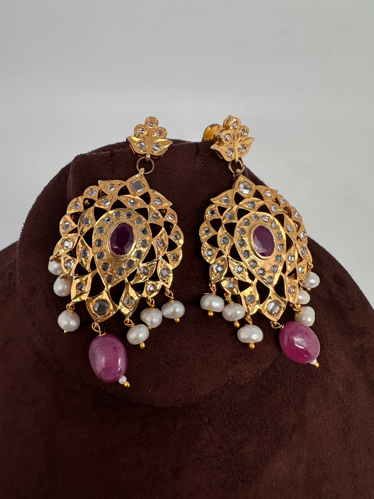 Polki CZ 6 Carat Gold Plated Real Pearls Ruby Choker Necklace