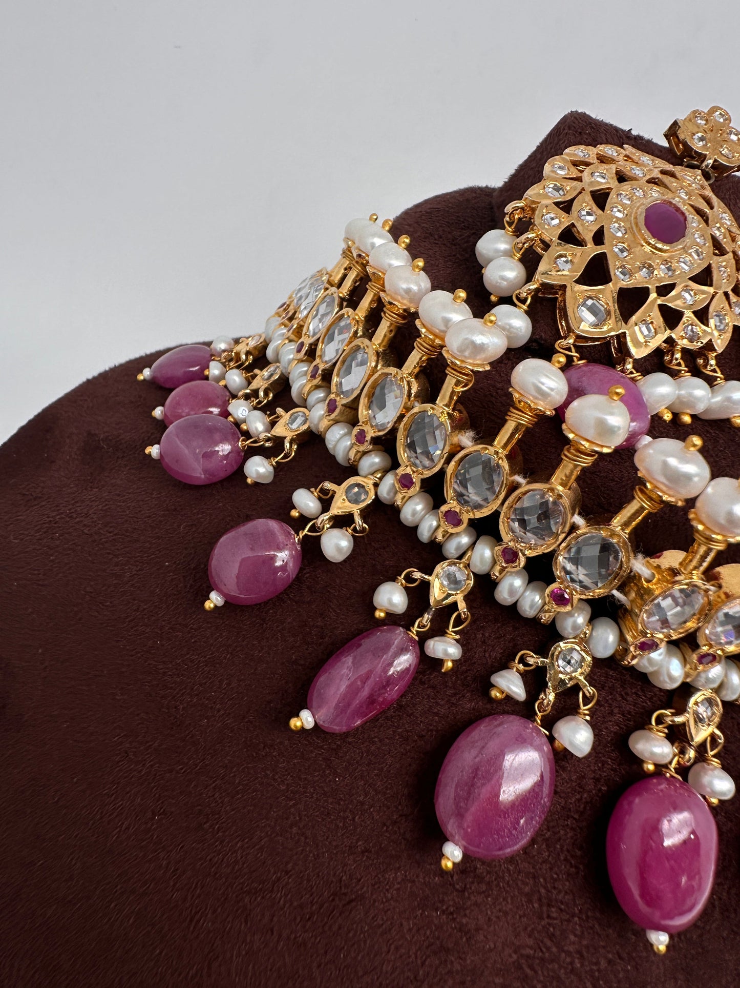 Polki CZ 6 Carat Gold Plated Real Pearls Ruby Choker Necklace