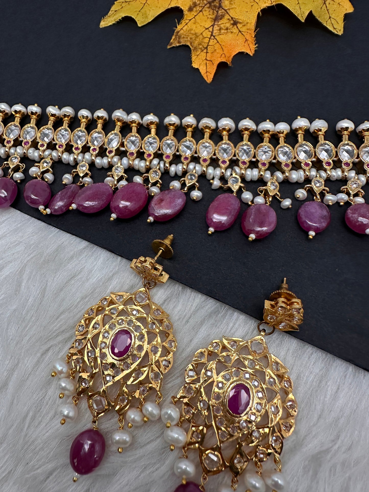 Polki CZ 6 Carat Gold Plated Real Pearls Ruby Choker Necklace