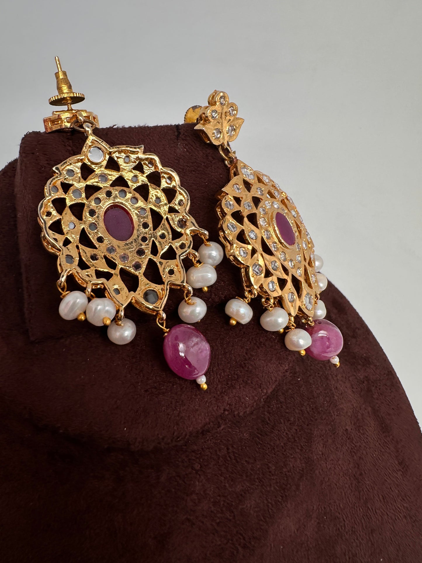 Polki CZ 6 Carat Gold Plated Real Pearls Ruby Choker Necklace