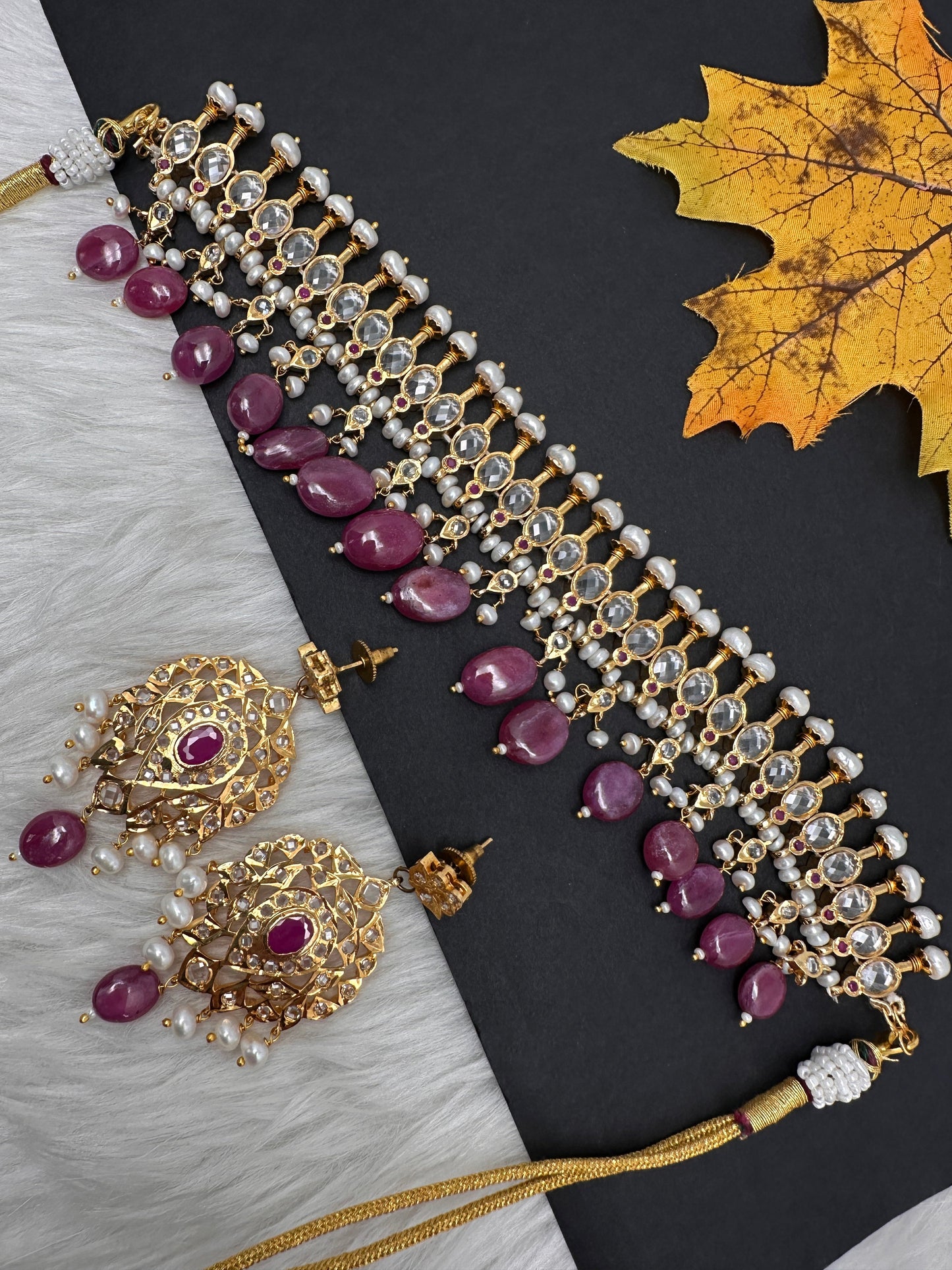 Polki CZ 6 Carat Gold Plated Real Pearls Ruby Choker Necklace