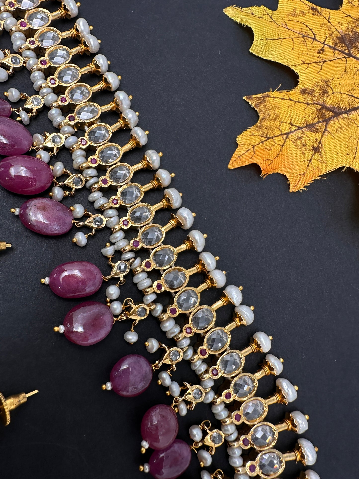 Polki CZ 6 Carat Gold Plated Real Pearls Ruby Choker Necklace