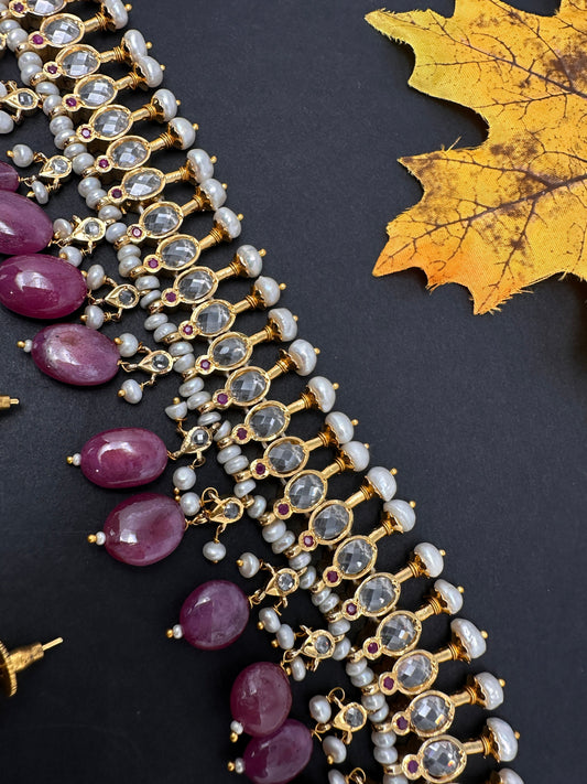 Polki CZ 6 Carat Gold Plated Real Pearls Ruby Choker Necklace