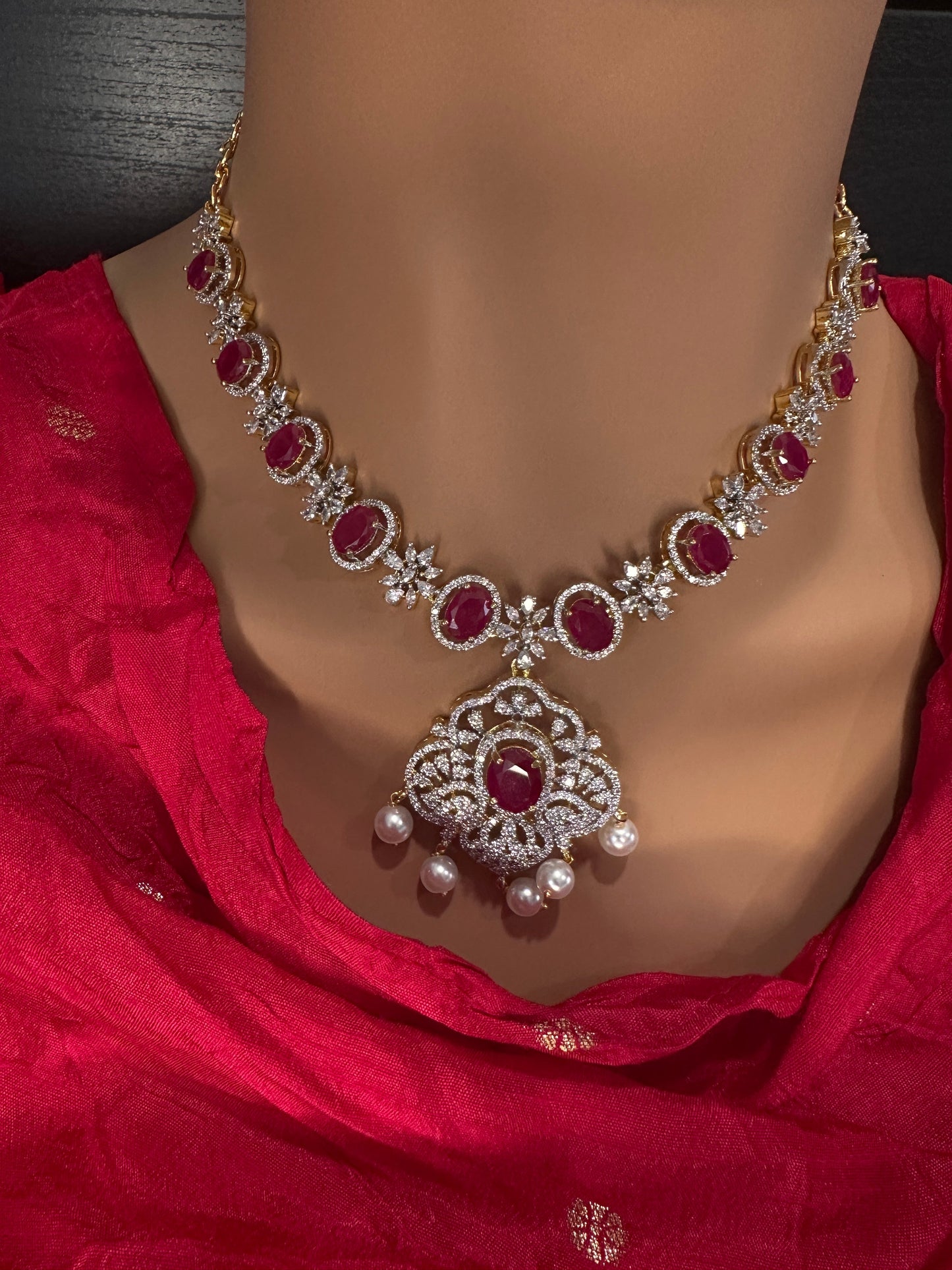 AD Color Stone Pearl Short Necklace - Red