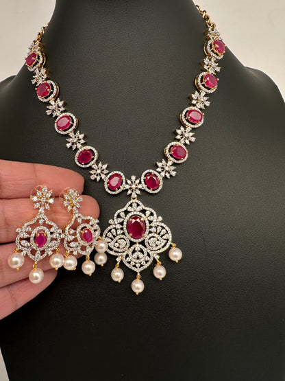 AD Color Stone Pearl Short Necklace - Red