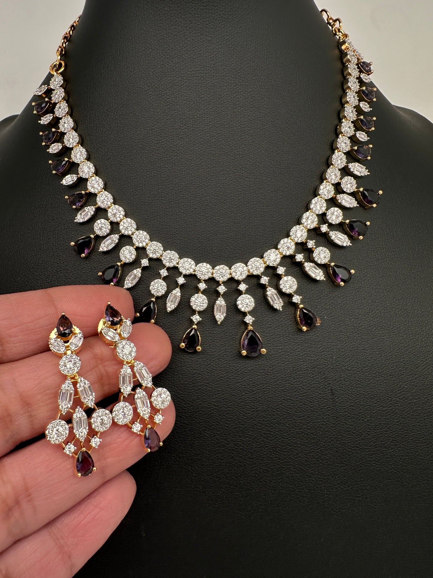 AD Color Stone Pearl Short Necklace - Purple