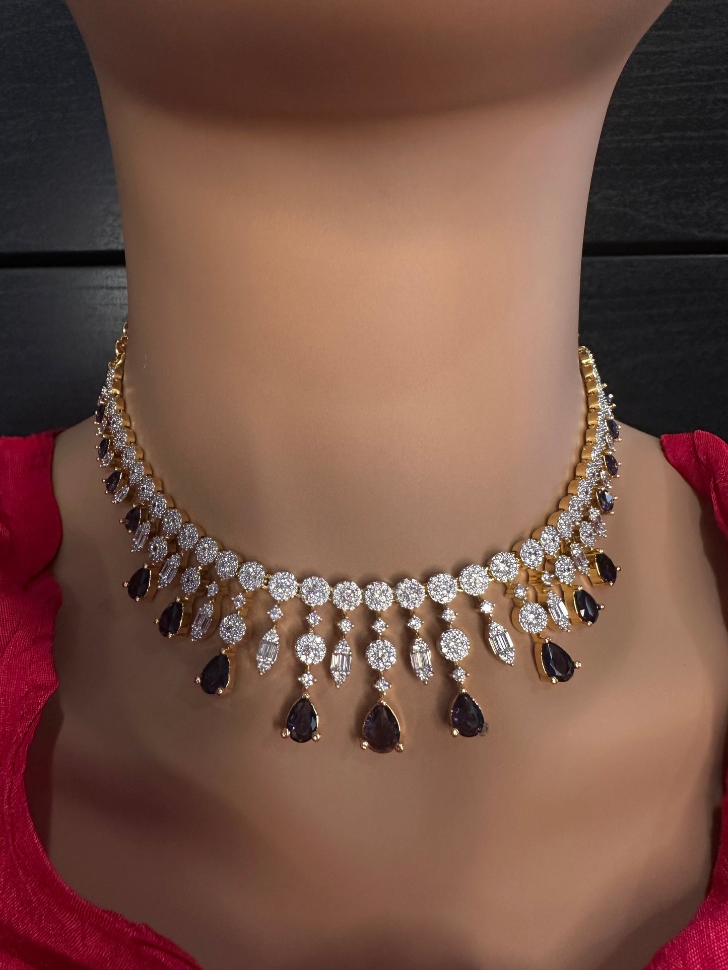 AD Color Stone Pearl Short Necklace - Purple