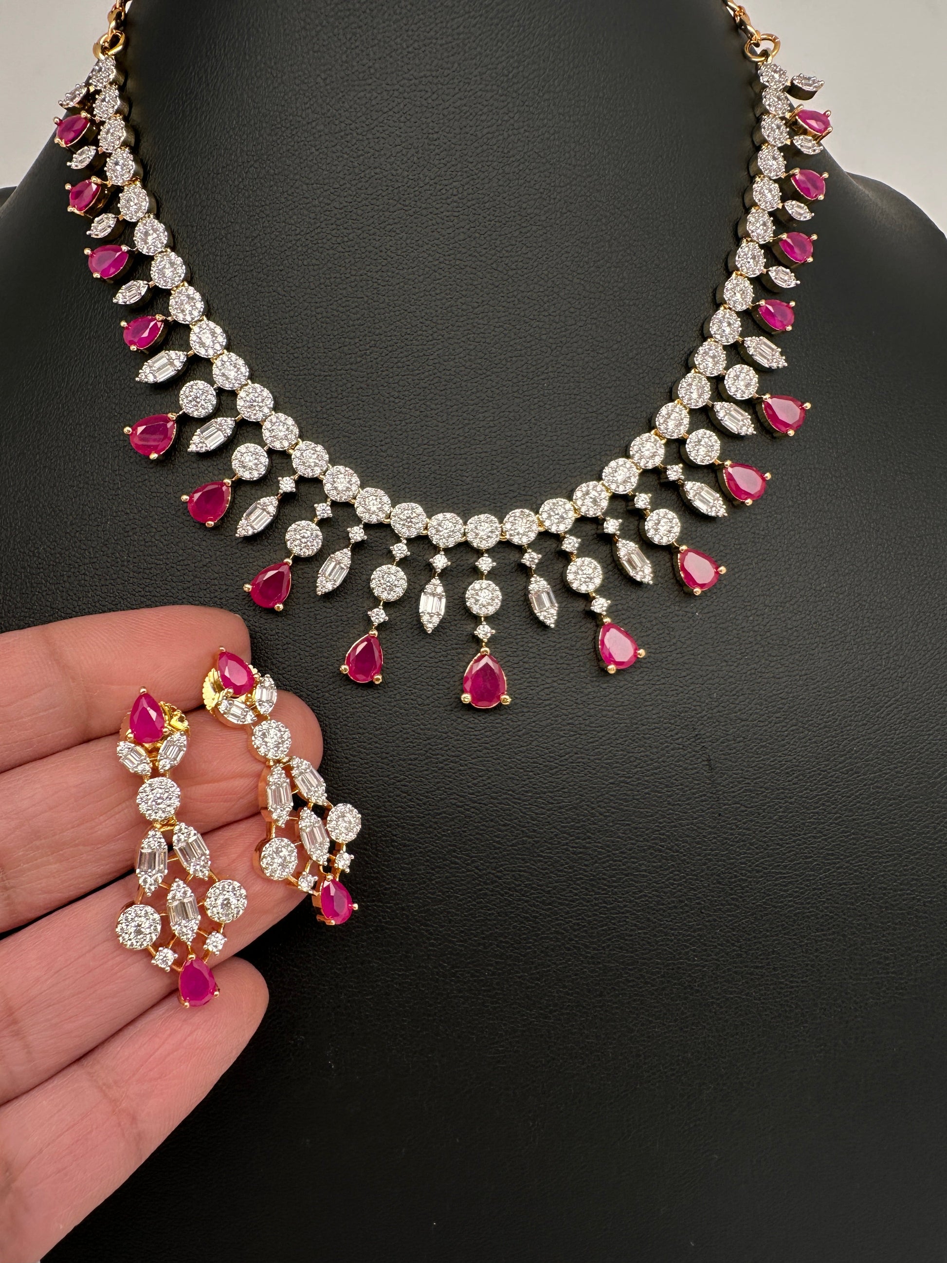 AD Color Stone Pearl Short Necklace - Red