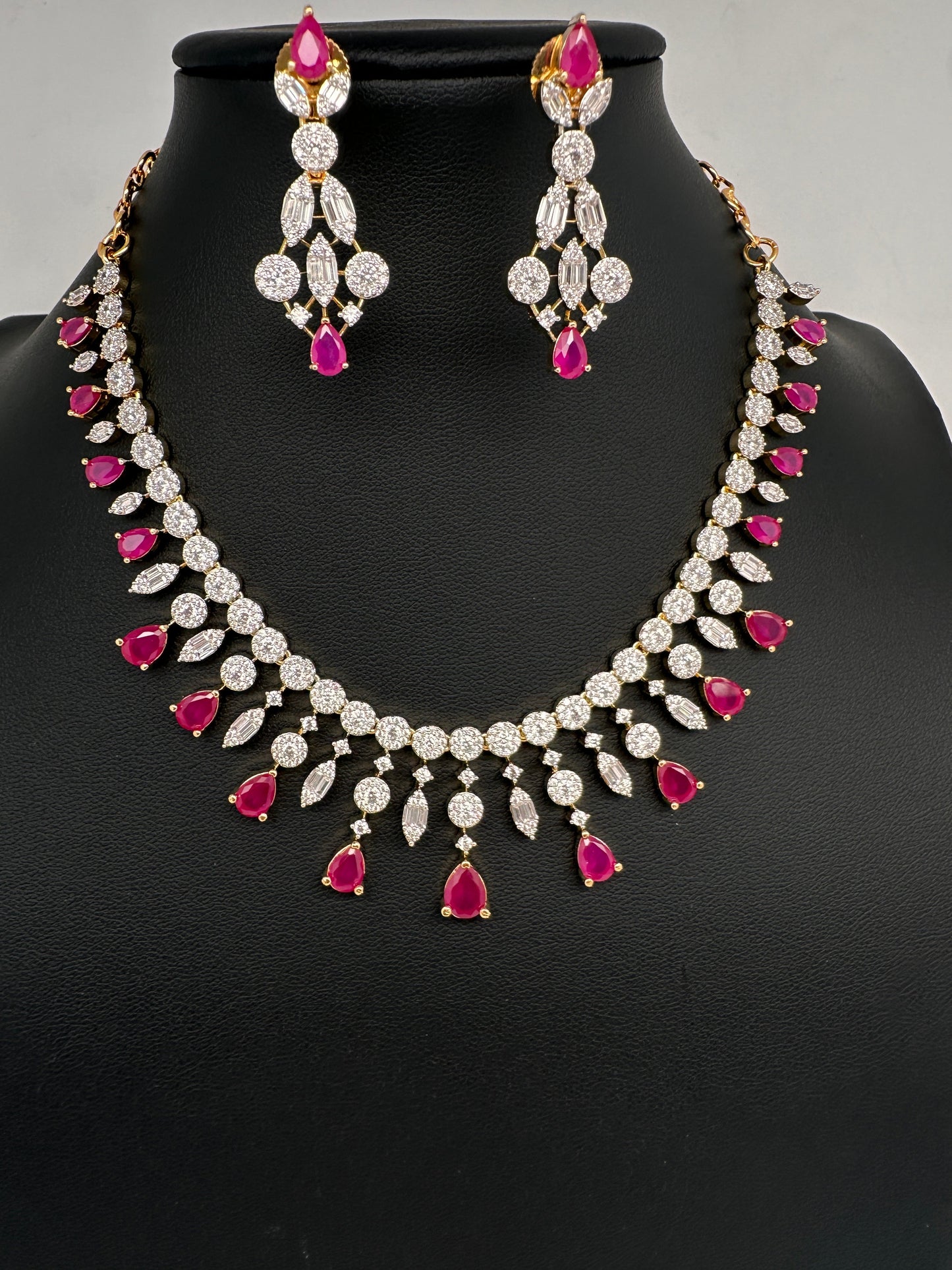 AD Color Stone Pearl Short Necklace - Red