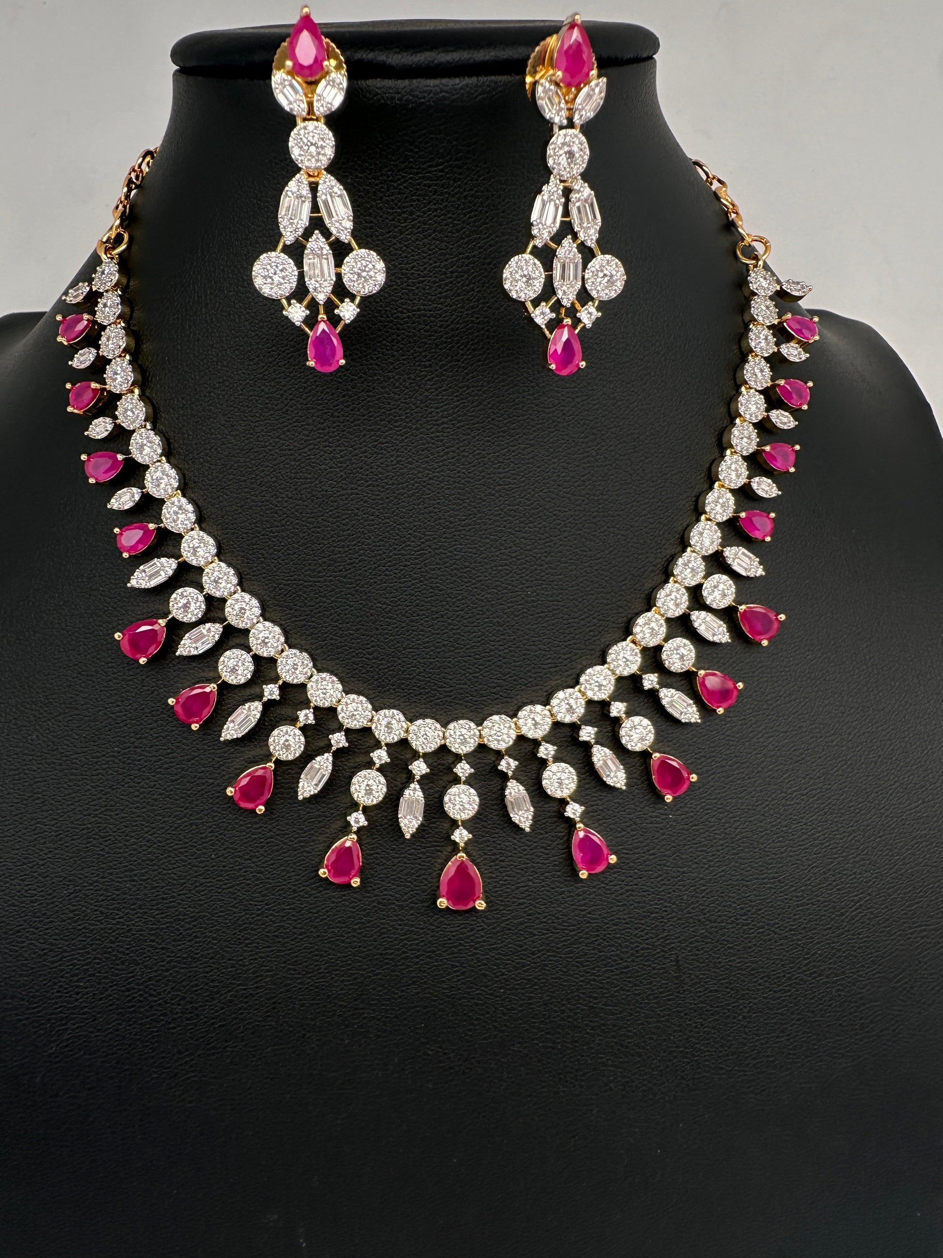 AD Color Stone Pearl Short Necklace - Red