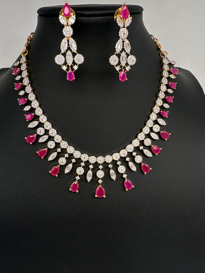 AD Color Stone Pearl Short Necklace - Red