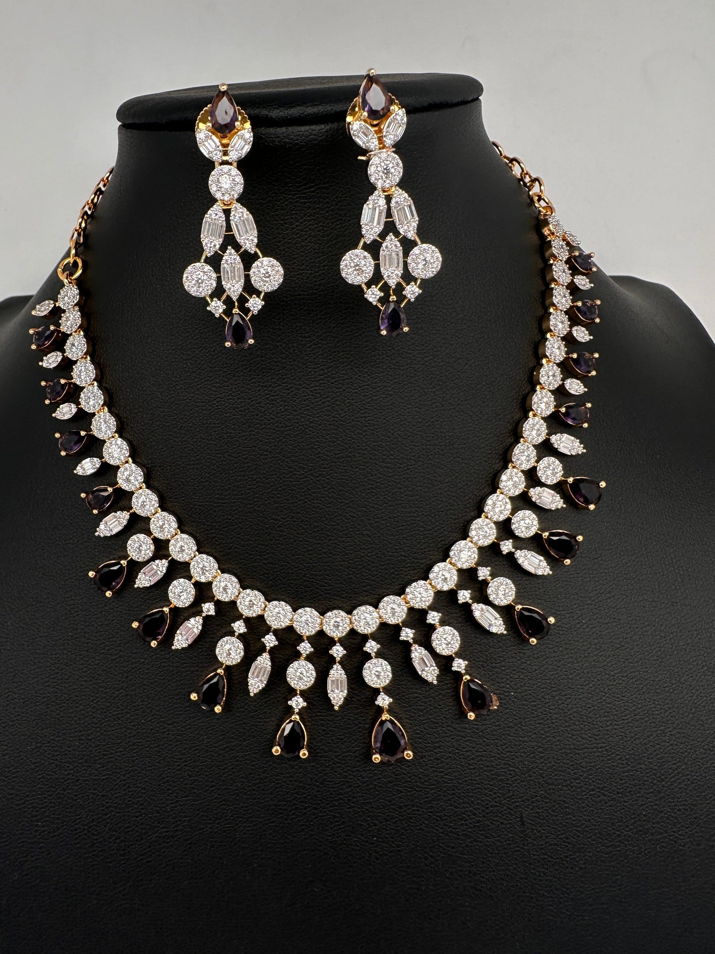 AD Color Stone Pearl Short Necklace - Purple