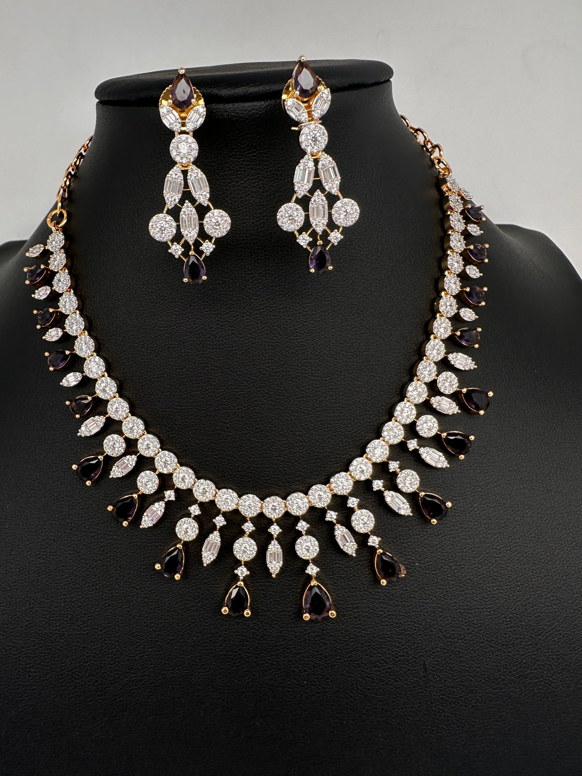 AD Color Stone Pearl Short Necklace - Purple