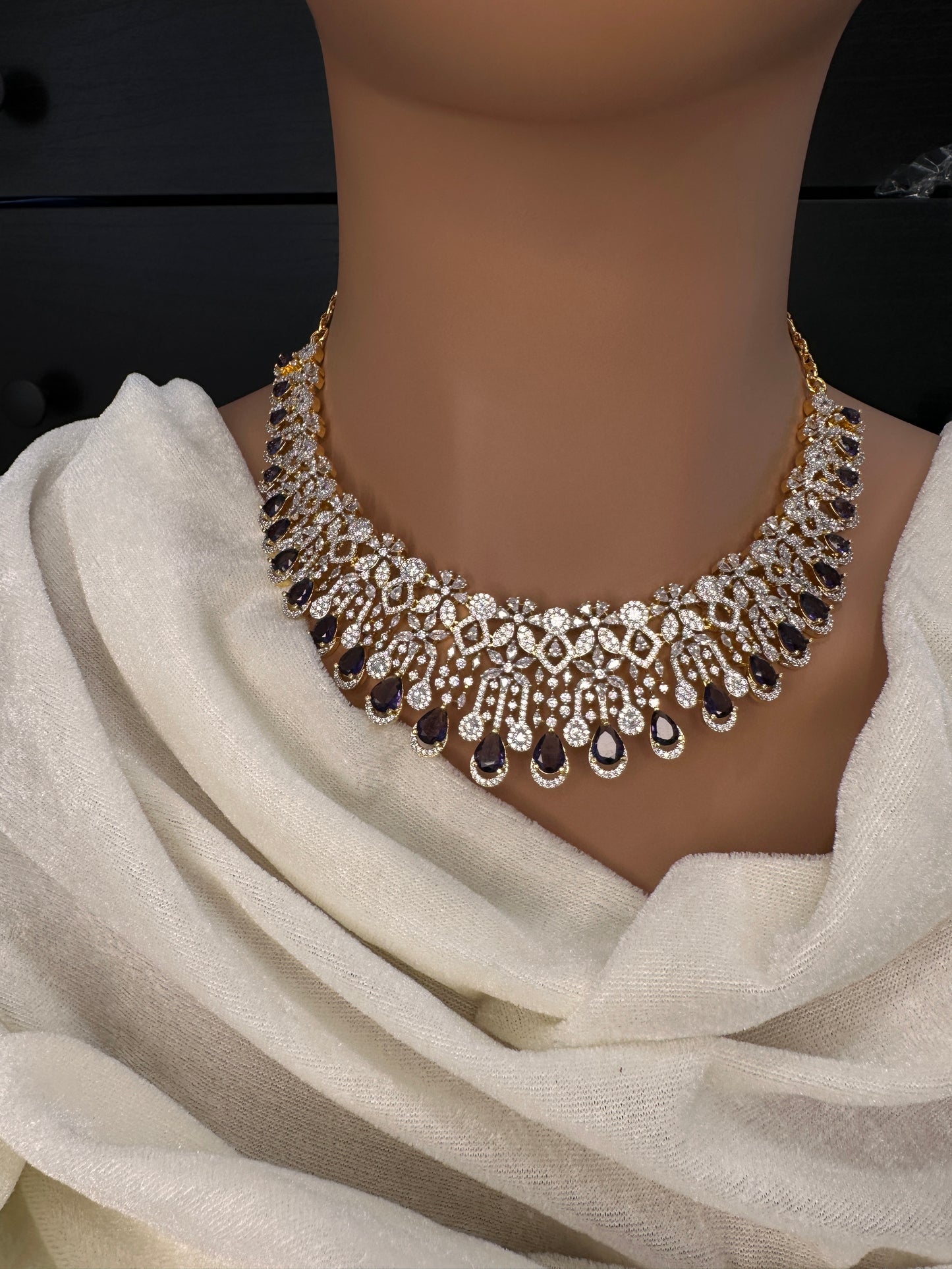 AD Color Stone Neckline Short Necklace - Purple