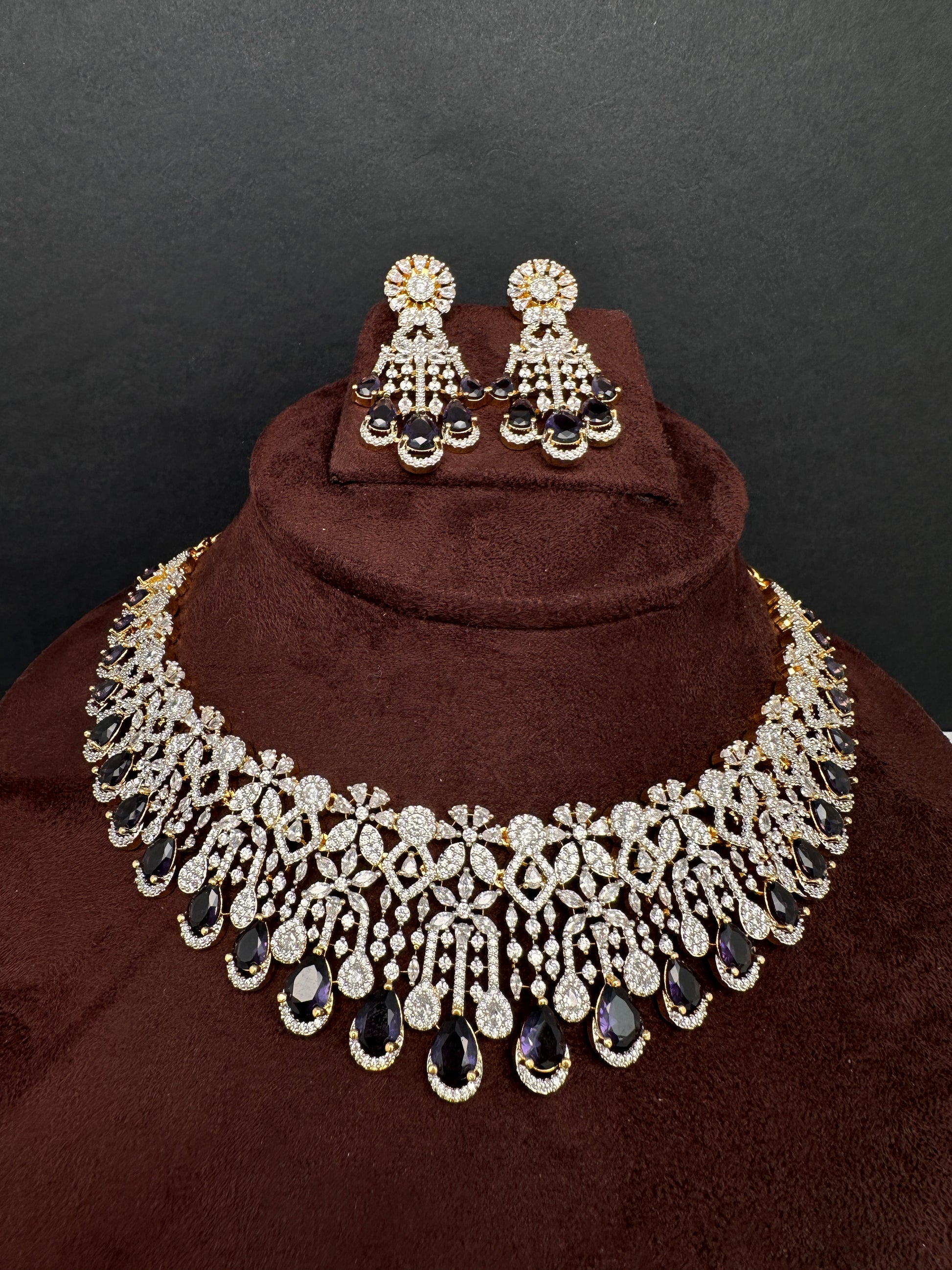 AD Color Stone Neckline Short Necklace - Purple