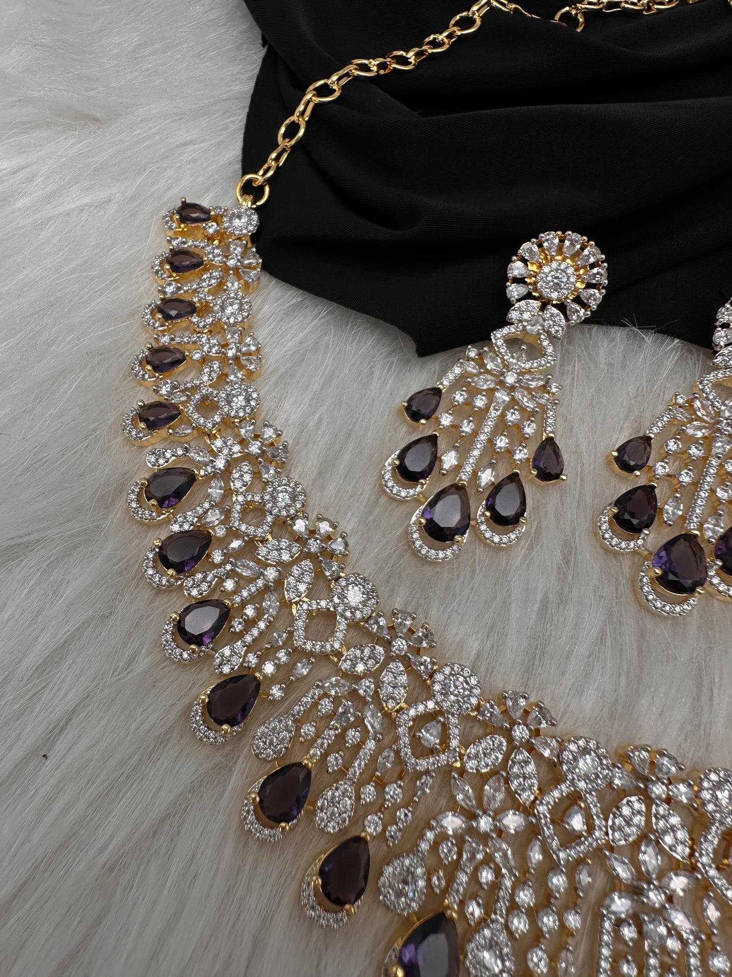 AD Color Stone Neckline Short Necklace - Purple