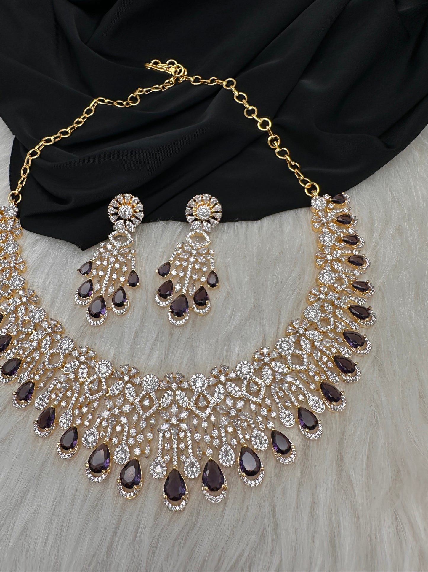 AD Color Stone Neckline Short Necklace - Purple