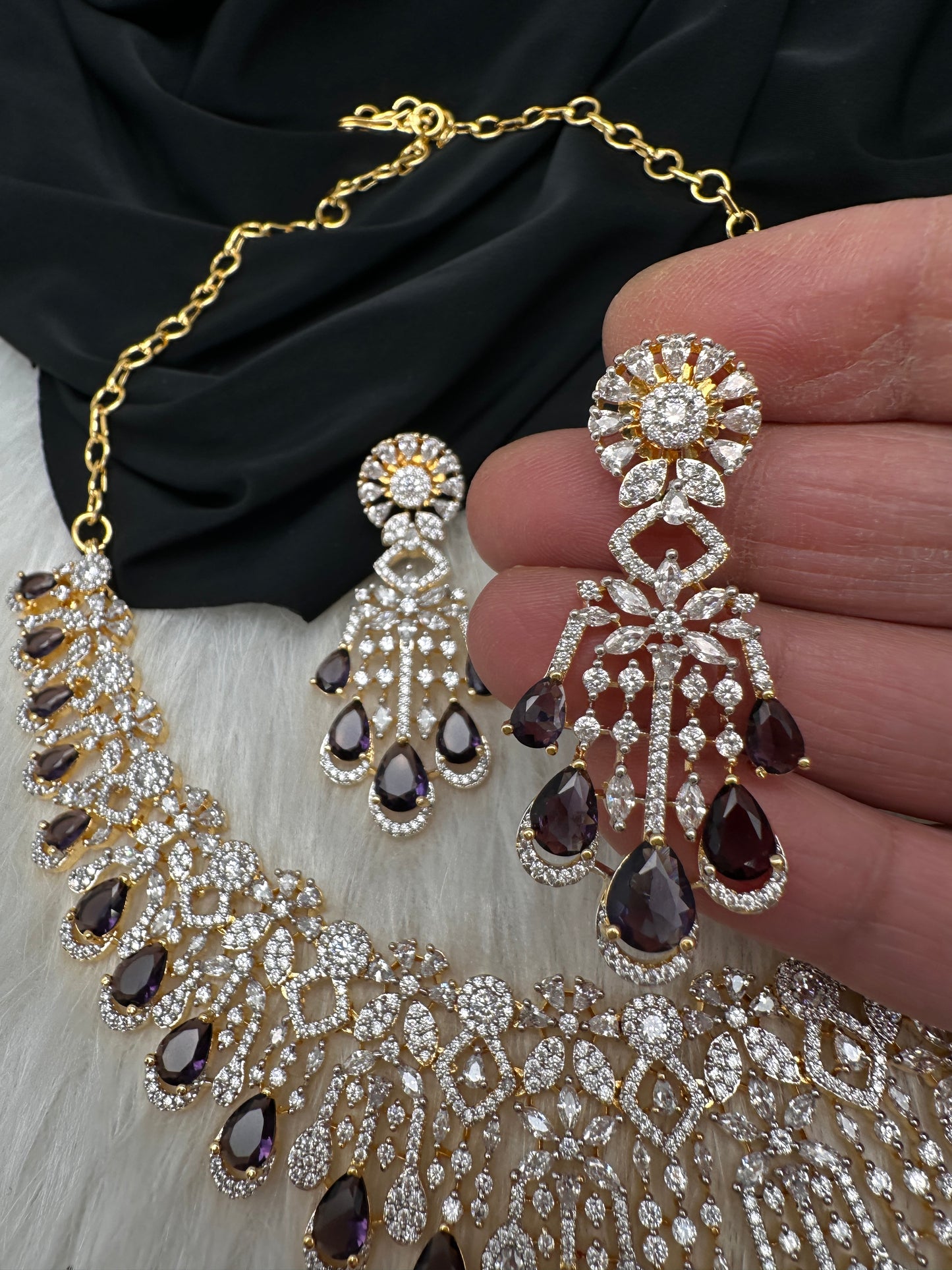 AD Color Stone Neckline Short Necklace - Purple