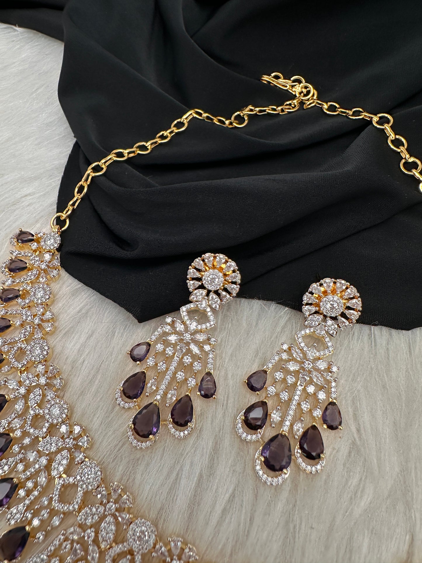 AD Color Stone Neckline Short Necklace - Purple
