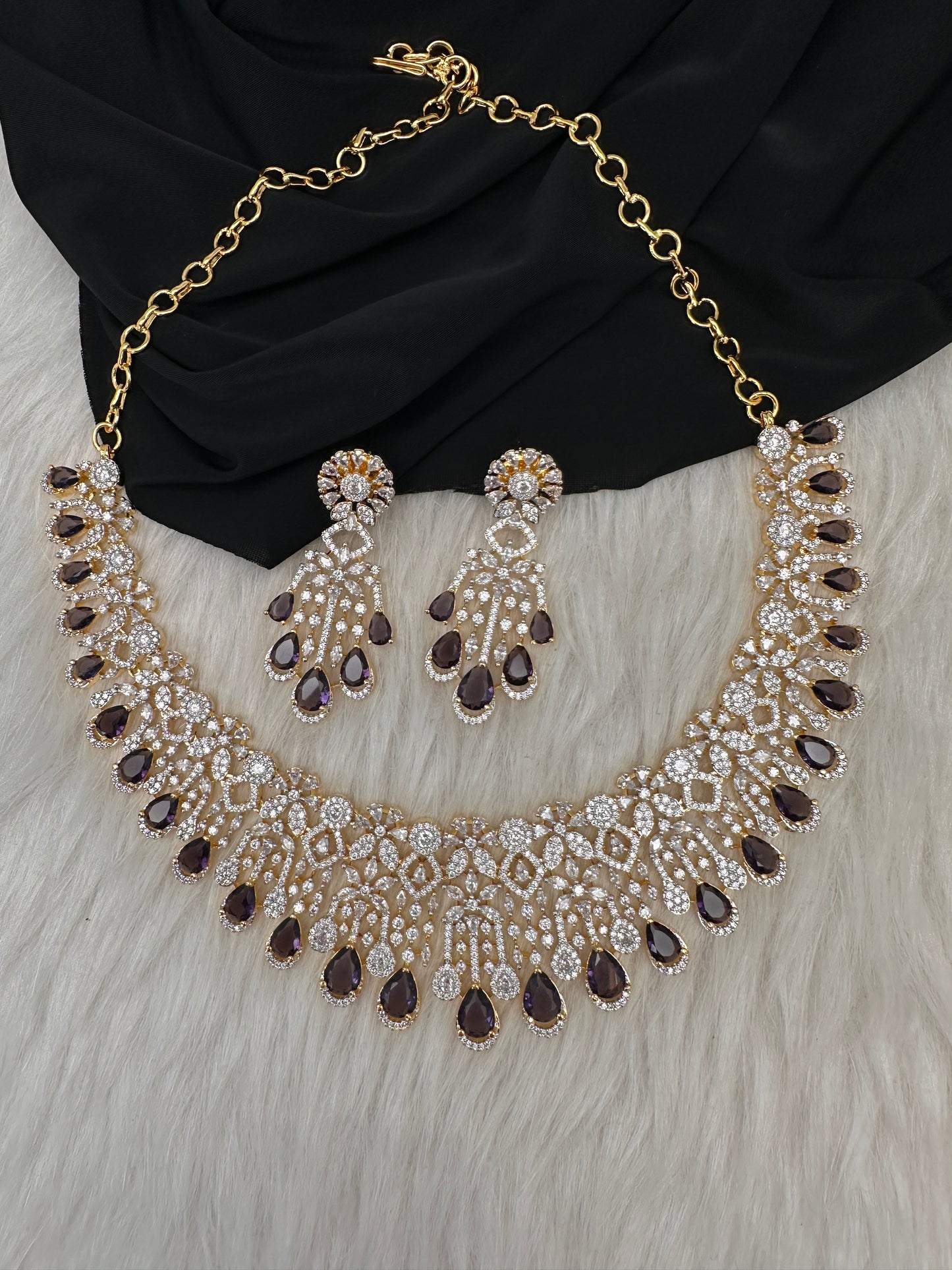 AD Color Stone Neckline Short Necklace - Purple