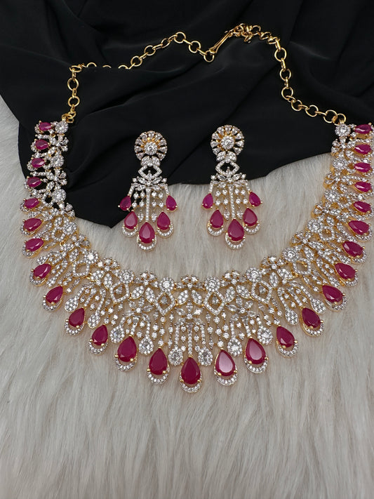 AD Color Stone Neckline Short Necklace - Red