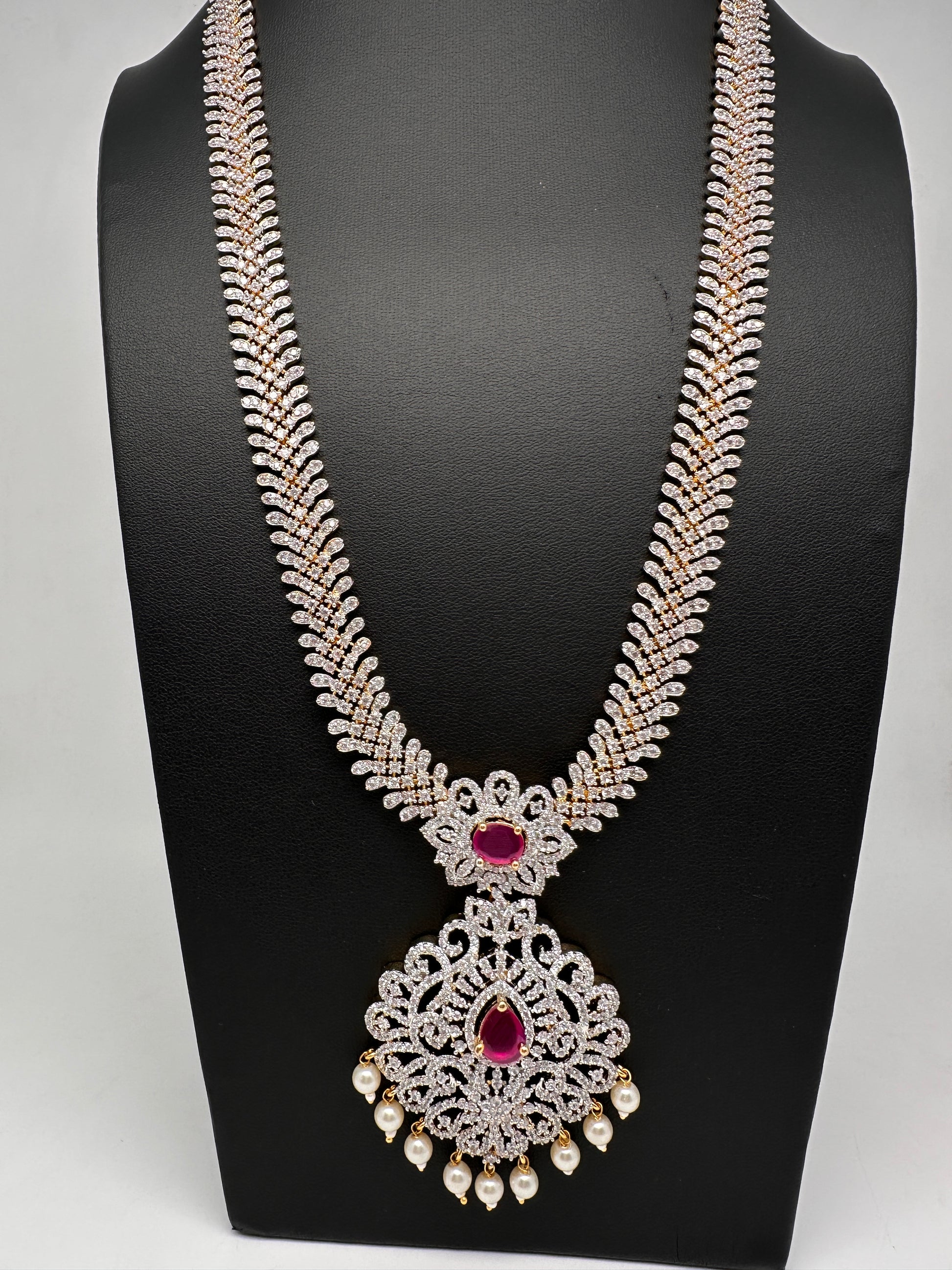 AD Diamond Finish Ruby Long Necklace - 