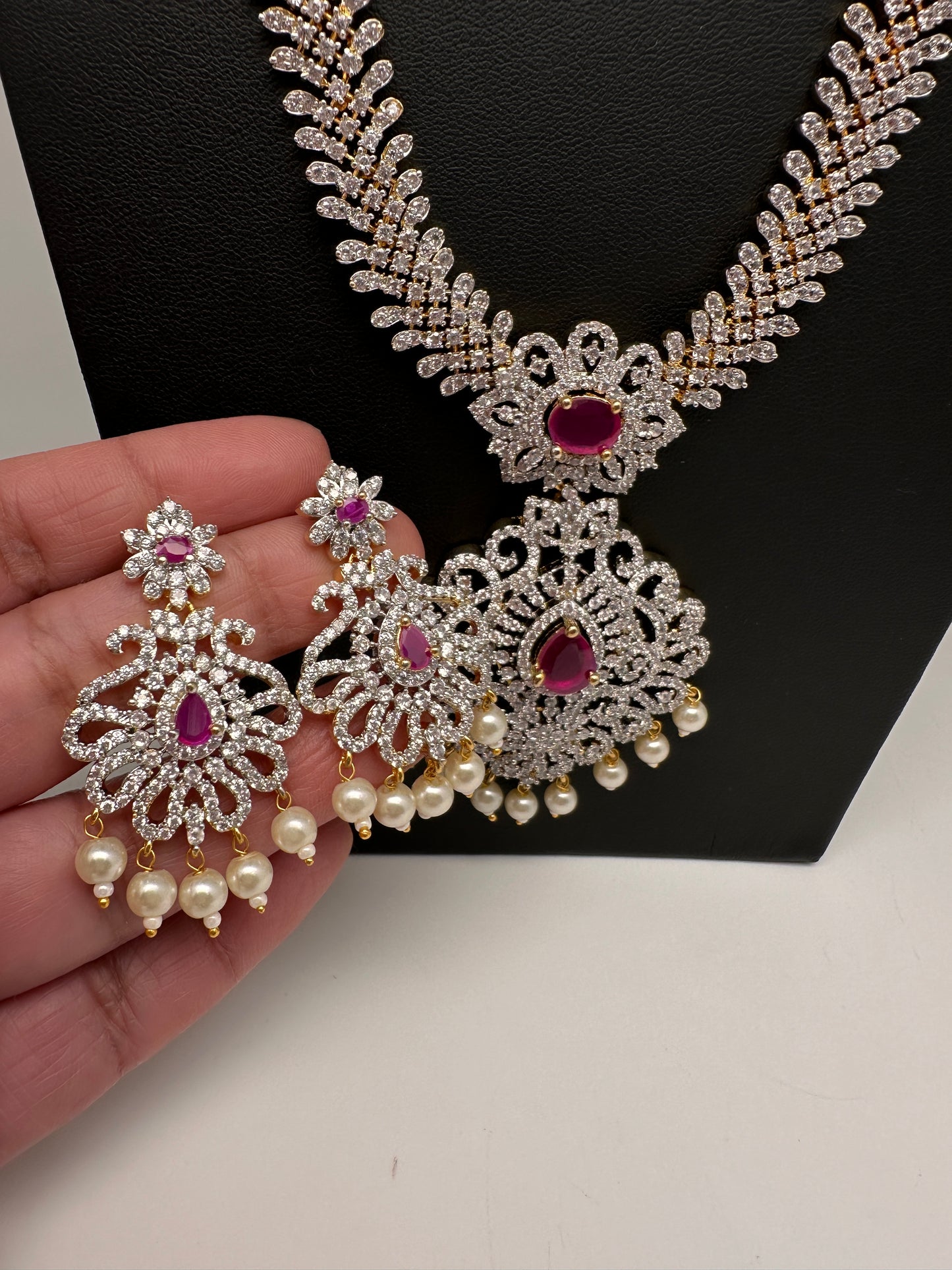 AD Diamond Finish Ruby Long Necklace - 