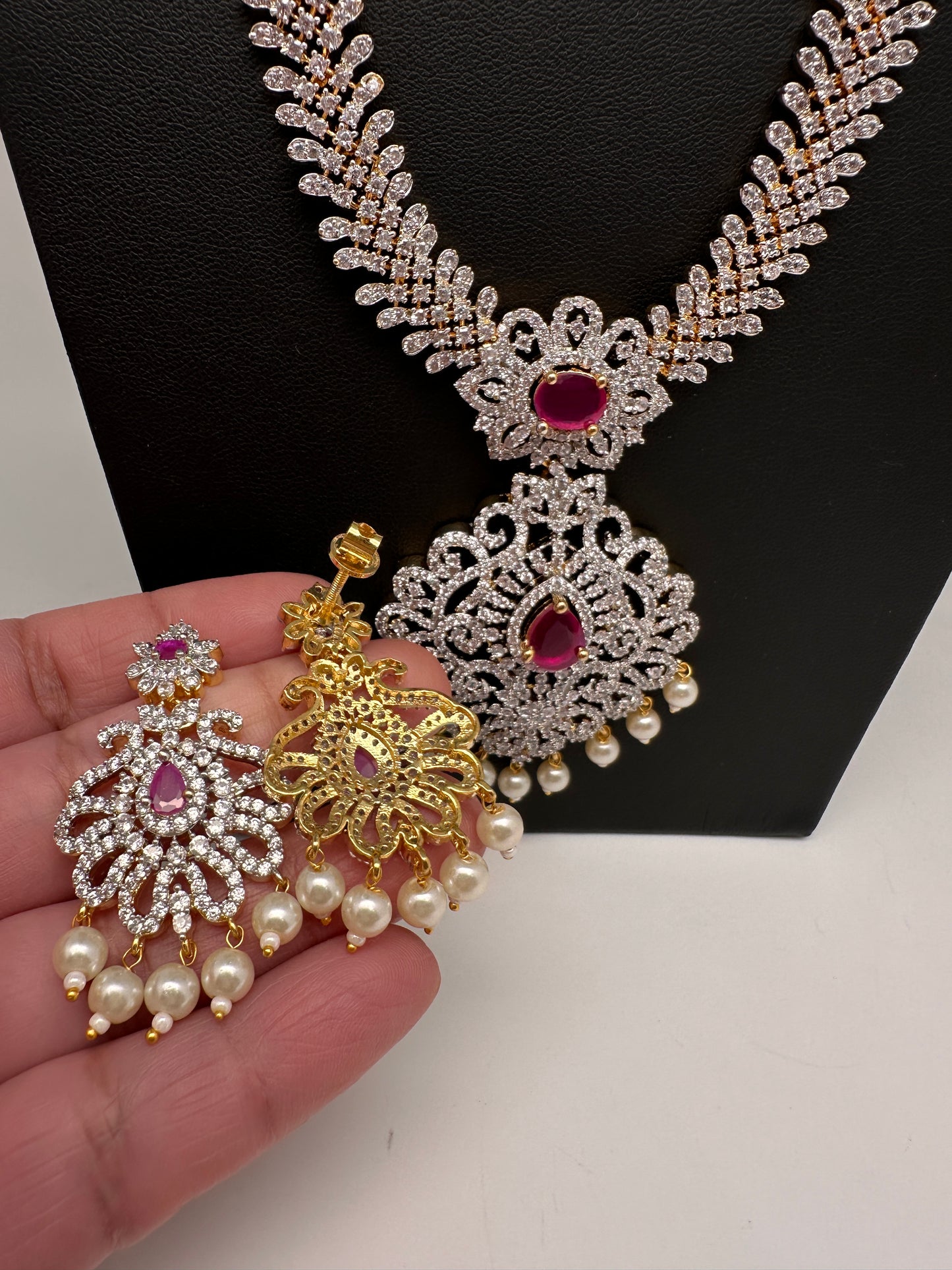 AD Diamond Finish Ruby Long Necklace - 