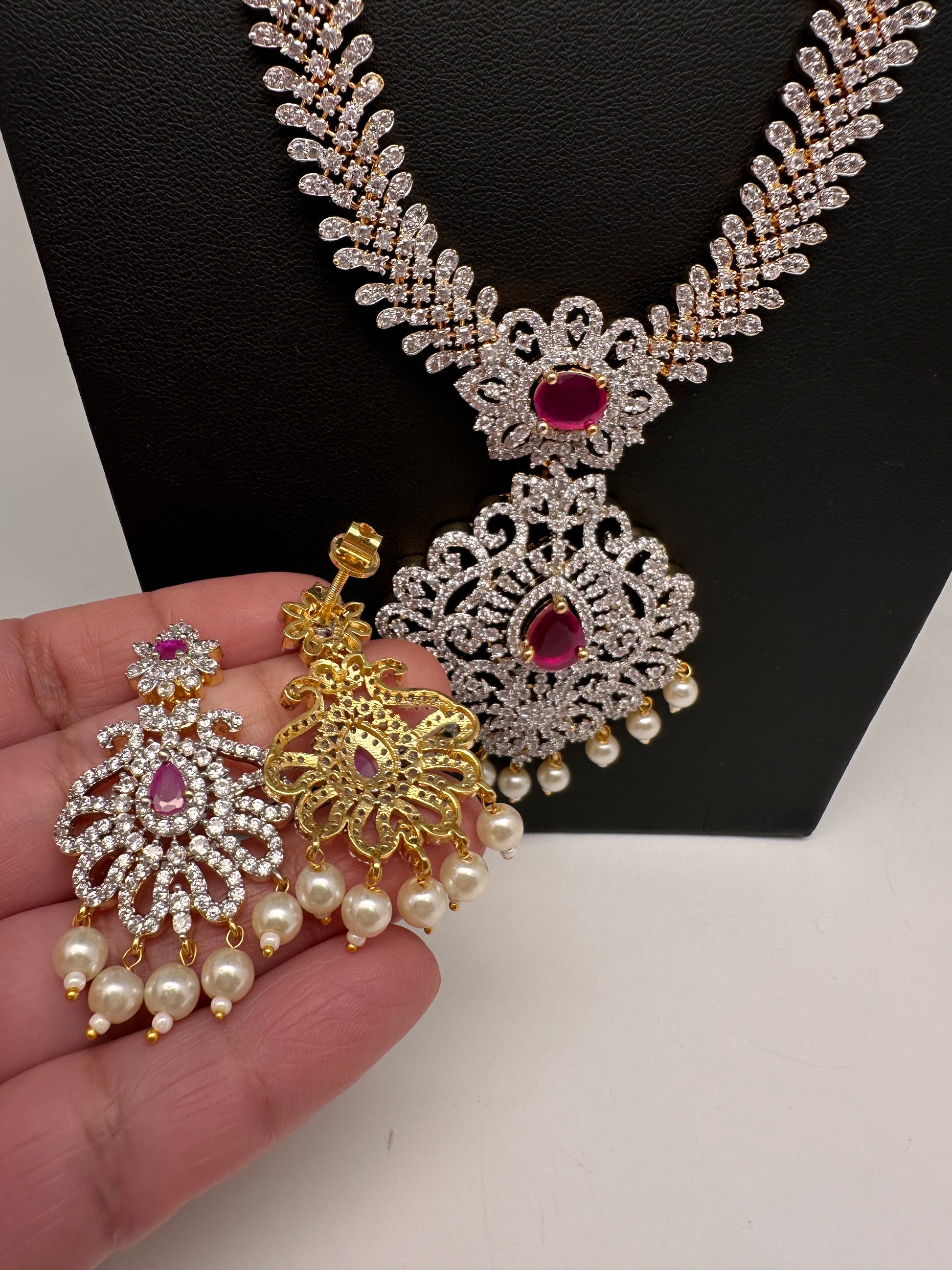 AD Diamond Finish Ruby Long Necklace - 
