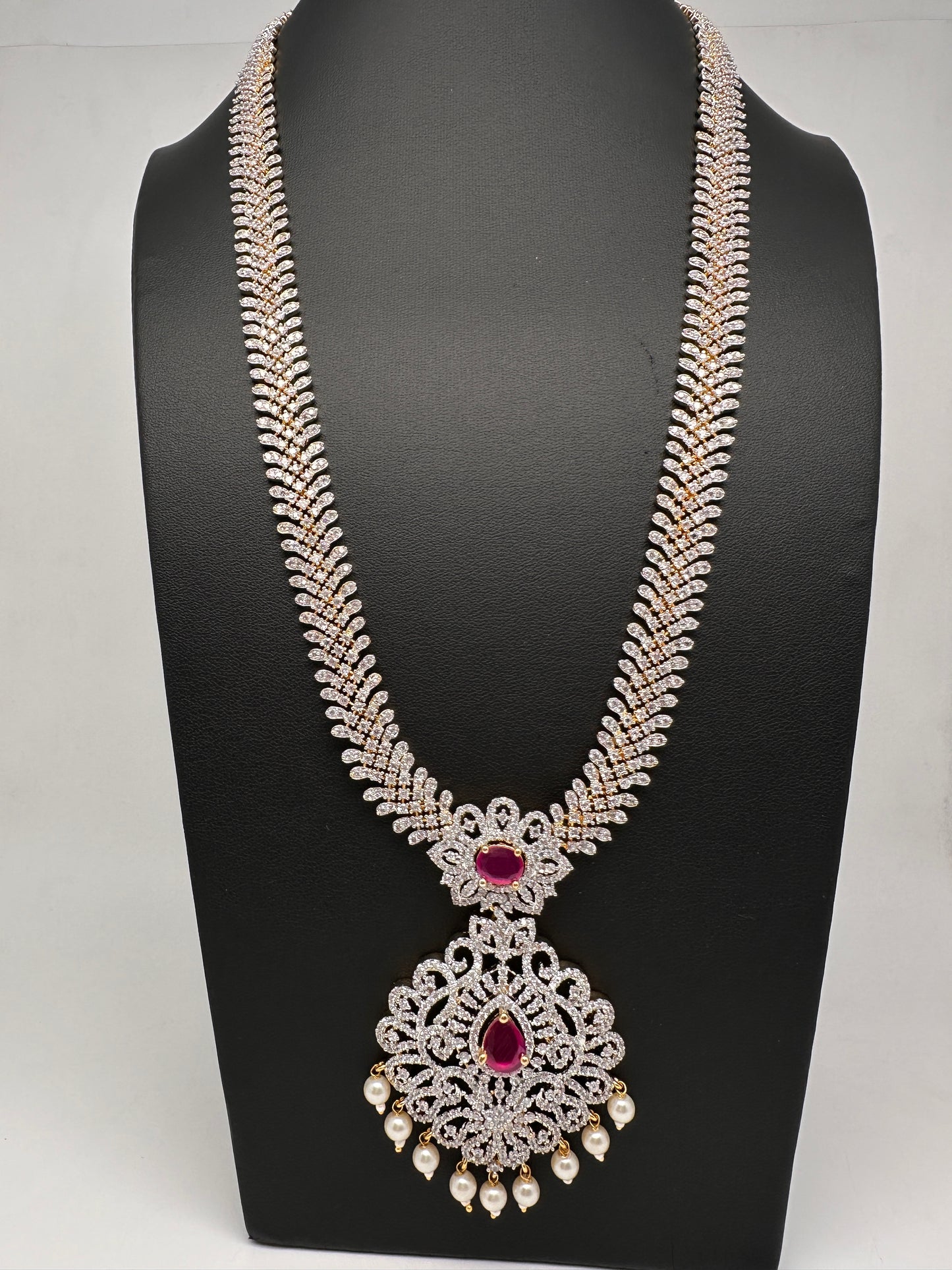 AD Diamond Finish Ruby Long Necklace - 