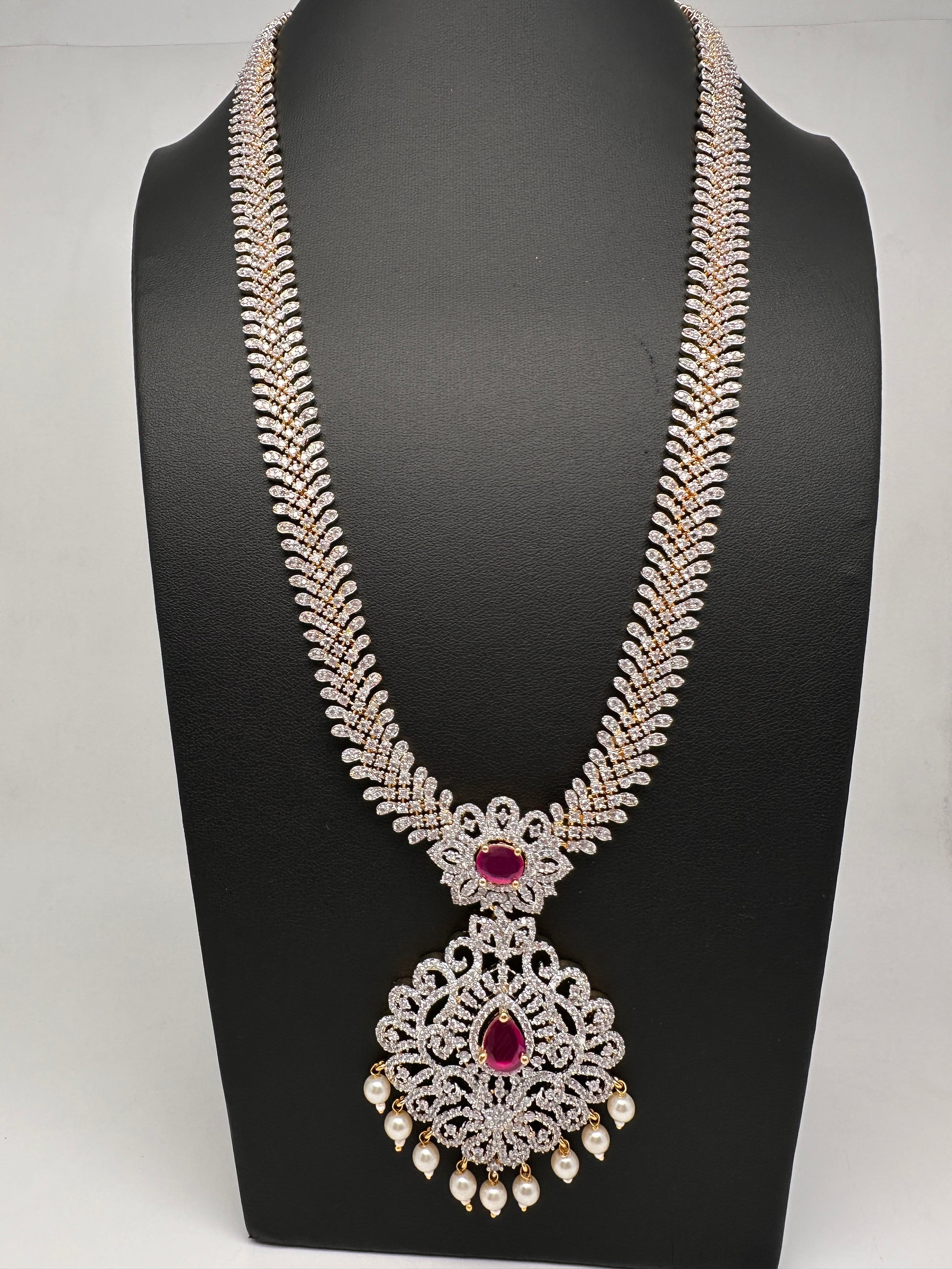 AD Diamond Finish Ruby Long Necklace - 