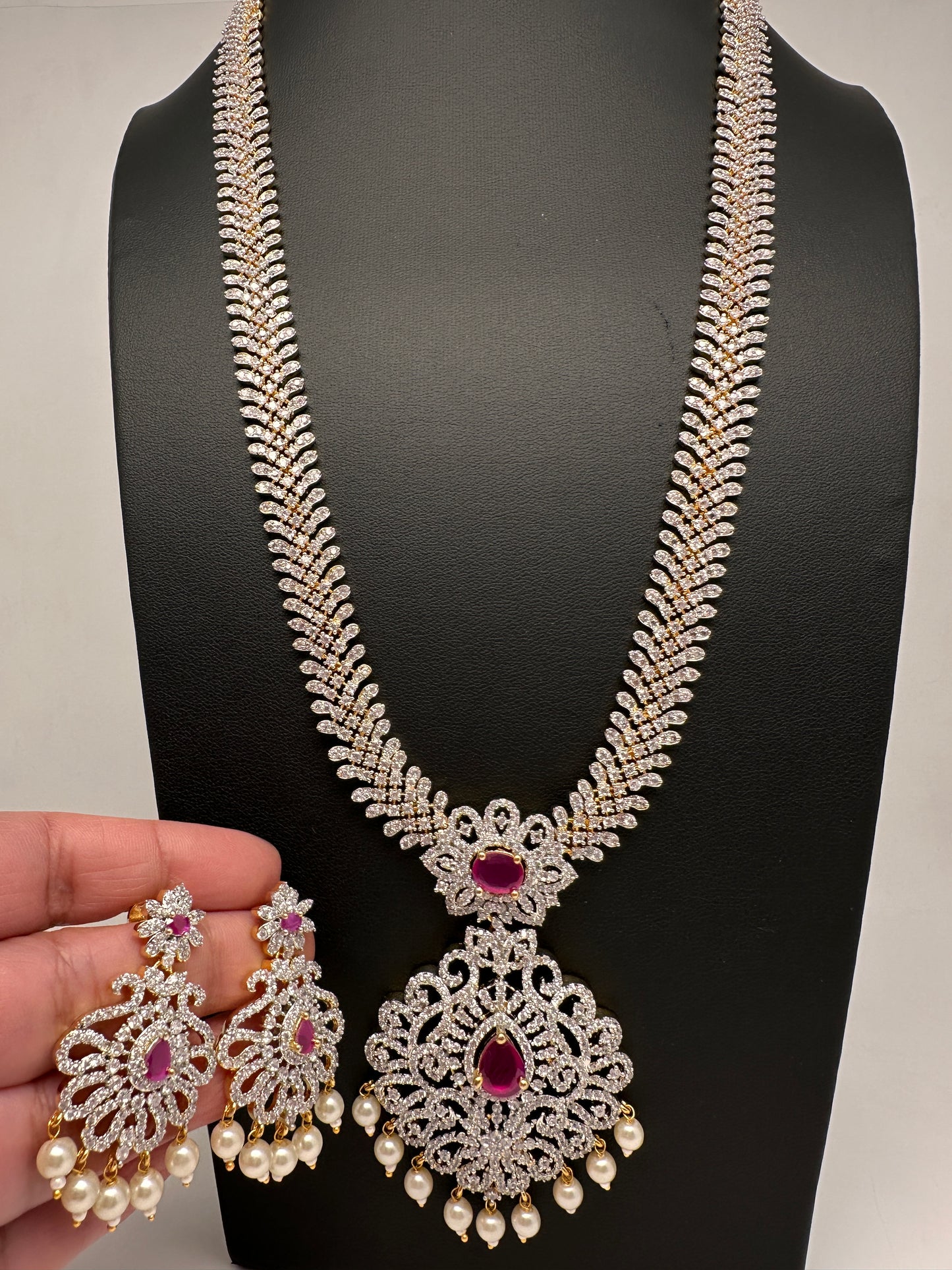 AD Diamond Finish Ruby Long Necklace - 