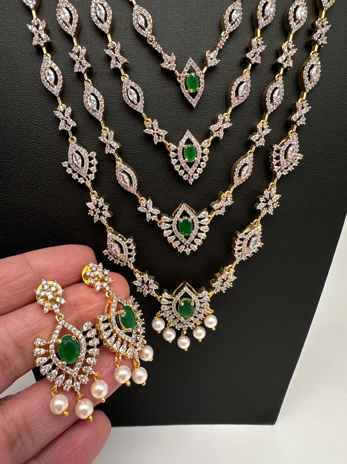 AD Color Stone Multi Layer Long  Necklace - Green