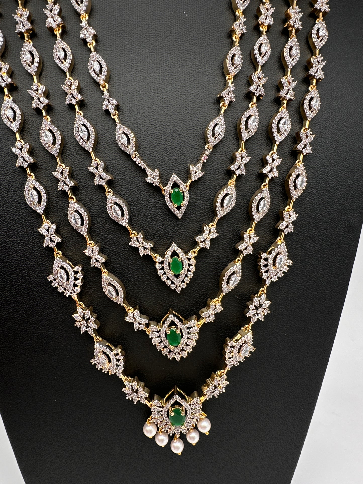 AD Color Stone Multi Layer Long  Necklace - Green