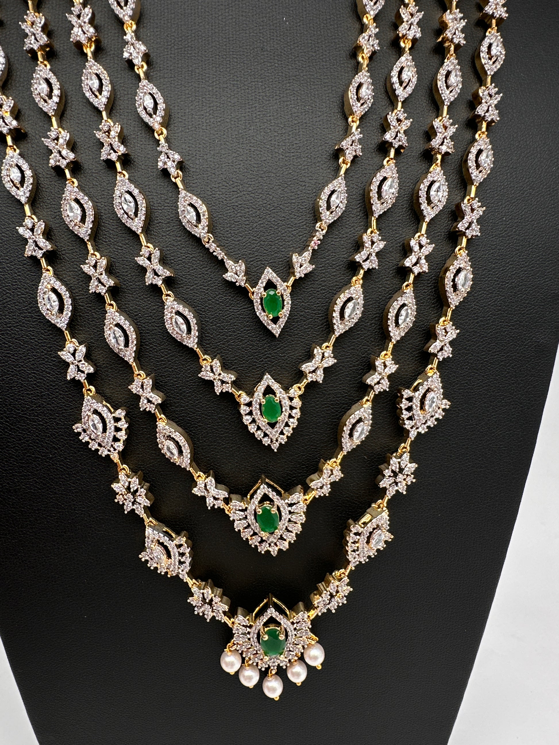 AD Color Stone Multi Layer Long  Necklace - Green
