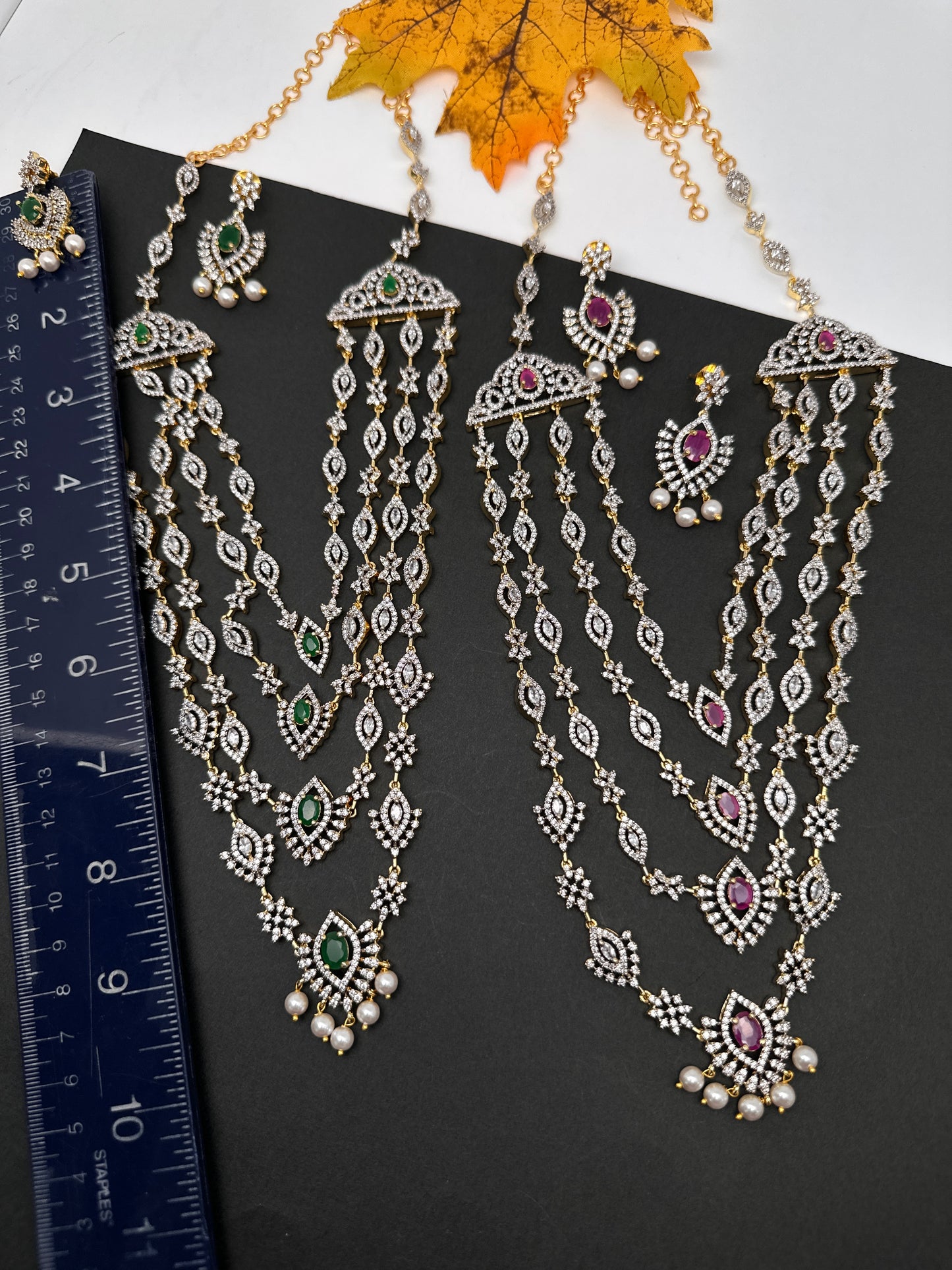 AD Color Stone Multi Layer Long  Necklace - Green