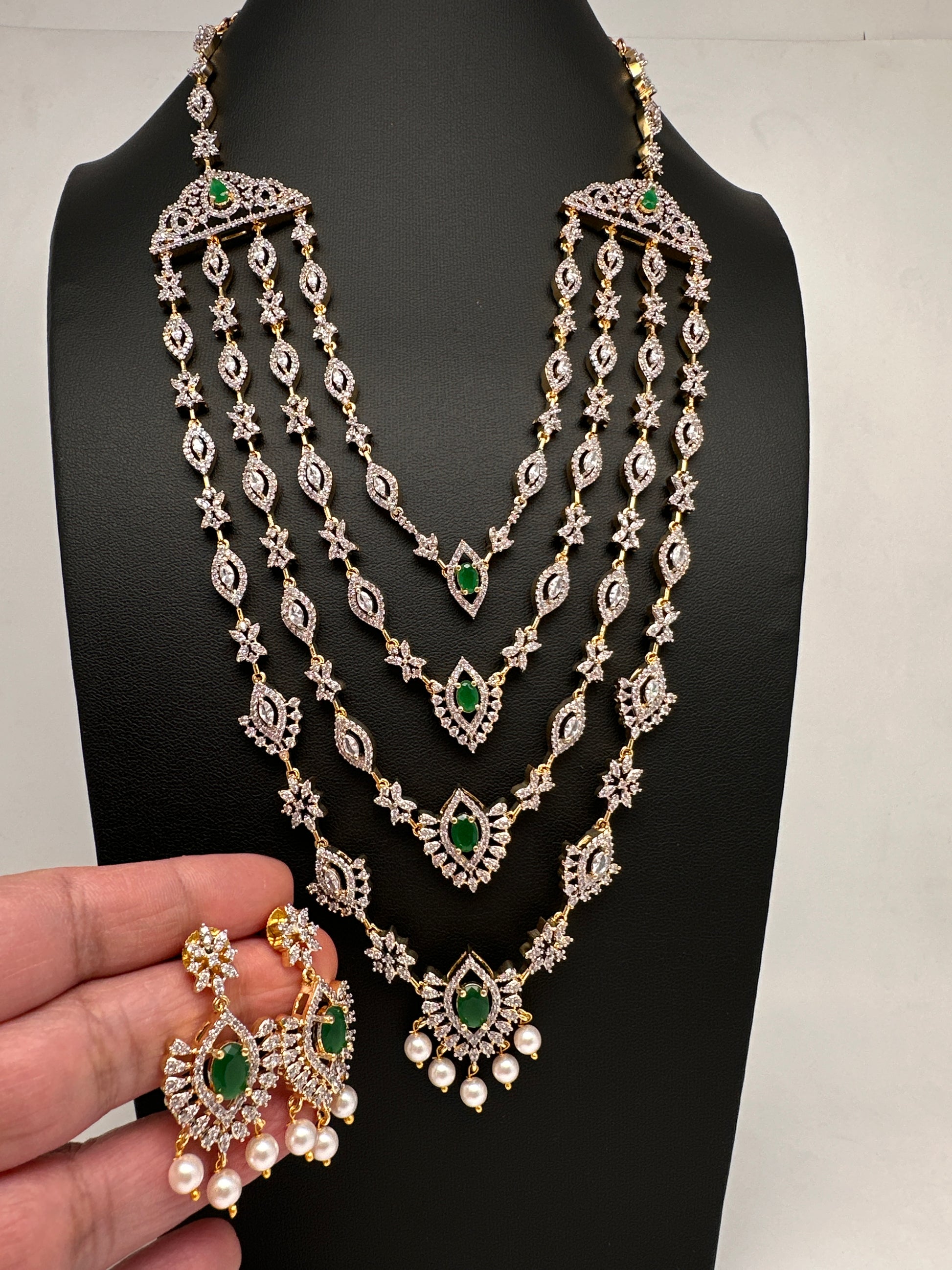 AD Color Stone Multi Layer Long  Necklace - Green