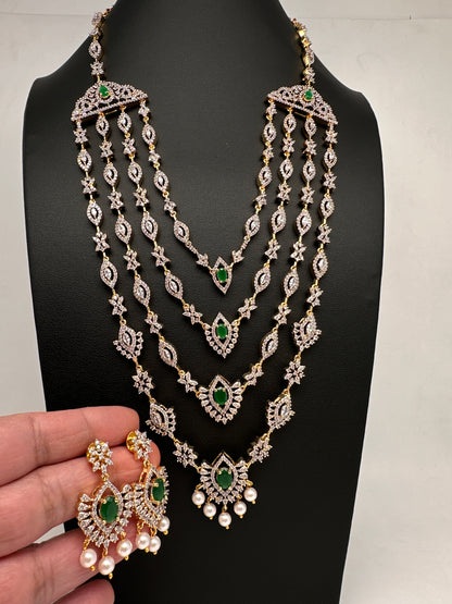 AD Color Stone Multi Layer Long  Necklace - Green