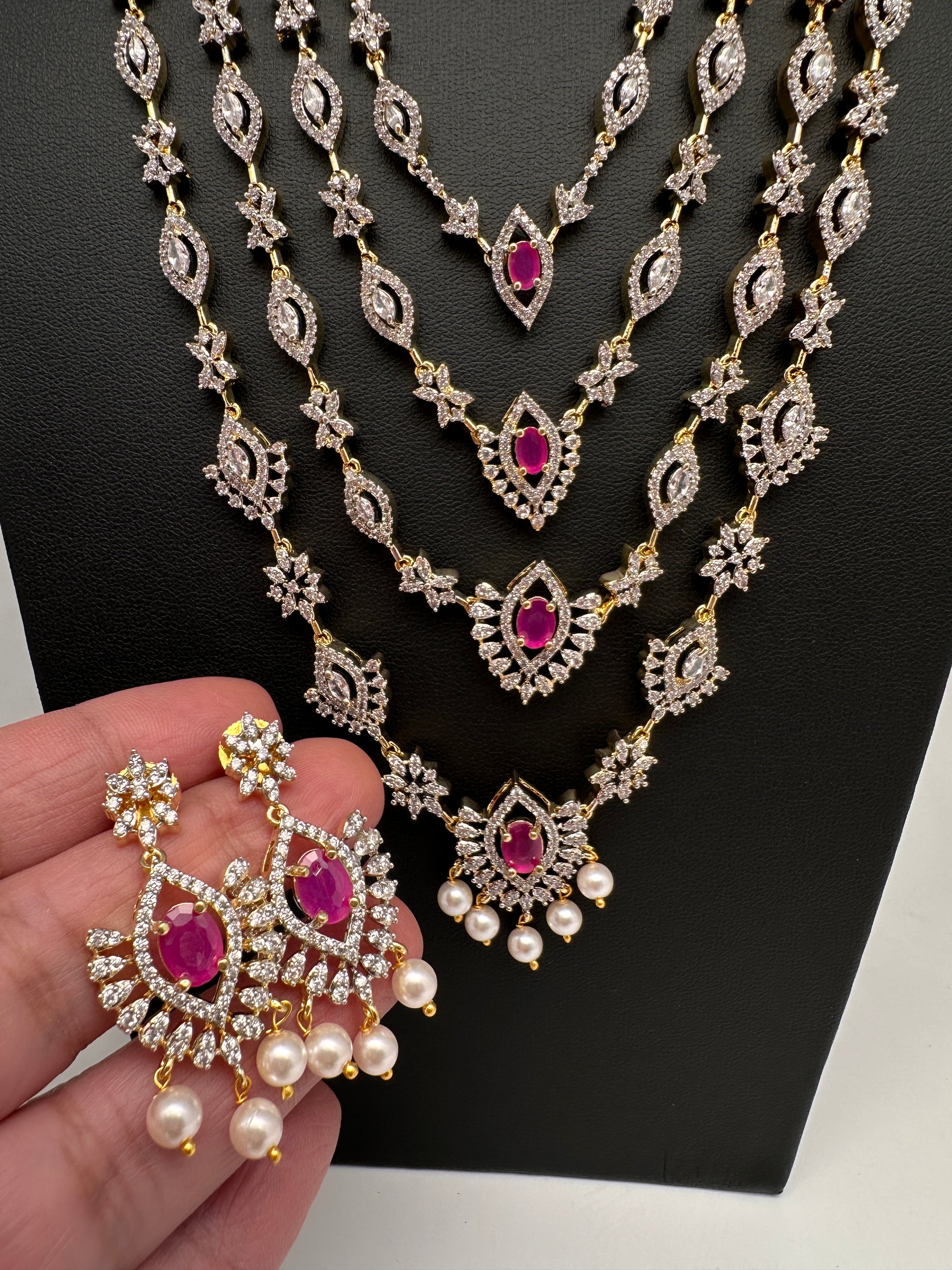 AD Color Stone Multi Layer Long  Necklace - Red