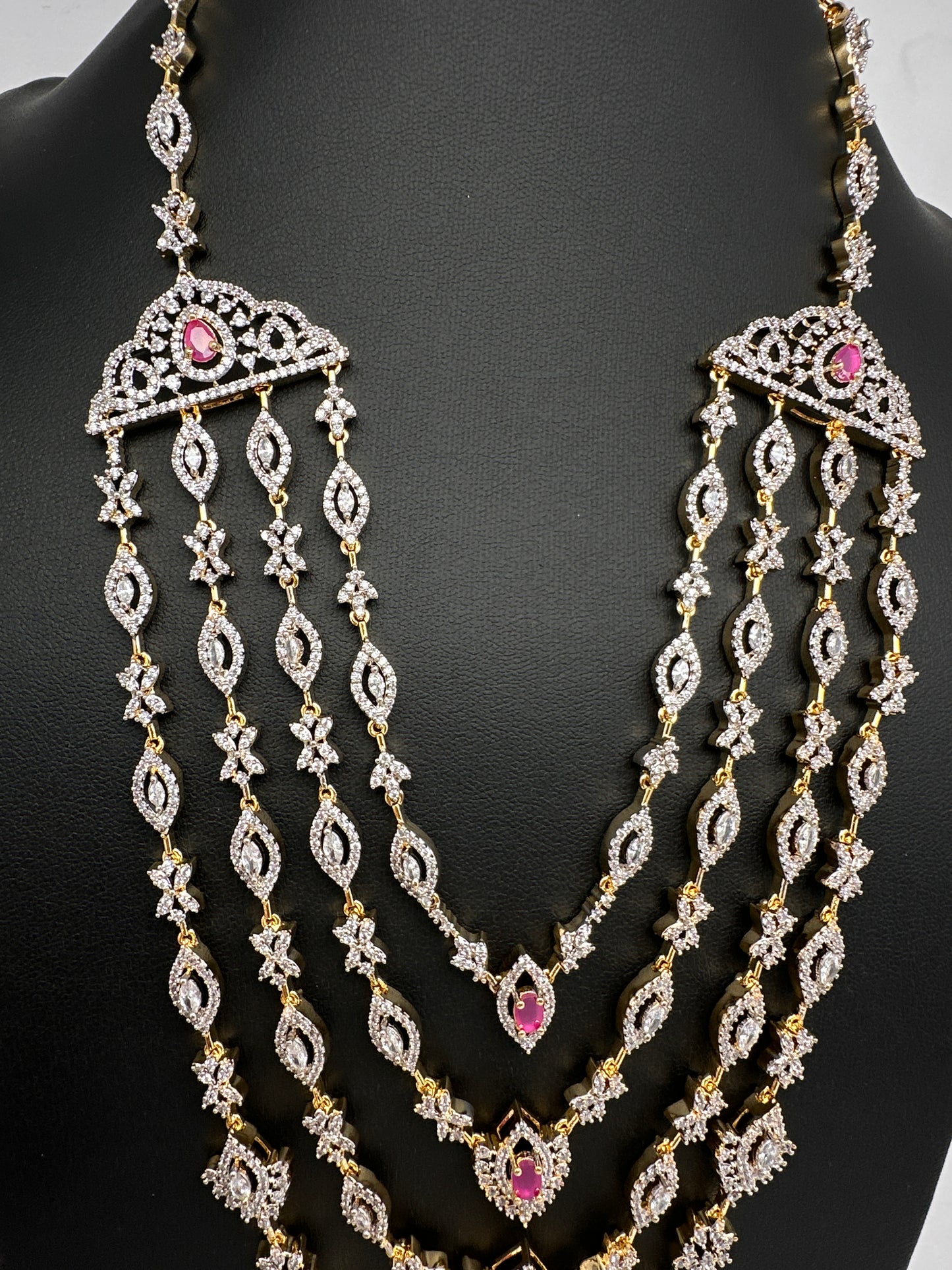 AD Color Stone Multi Layer Long  Necklace - Red