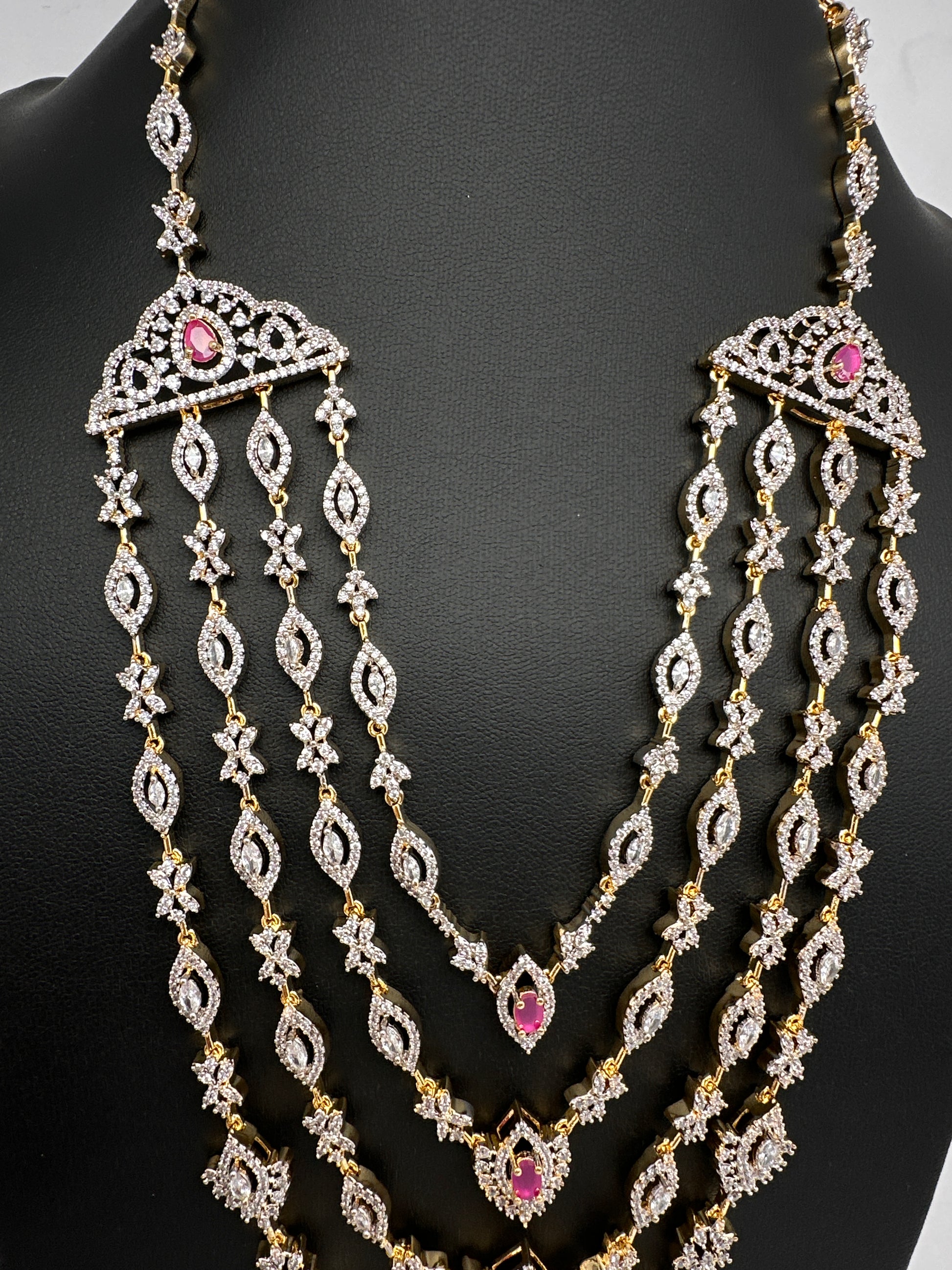 AD Color Stone Multi Layer Long  Necklace - Red