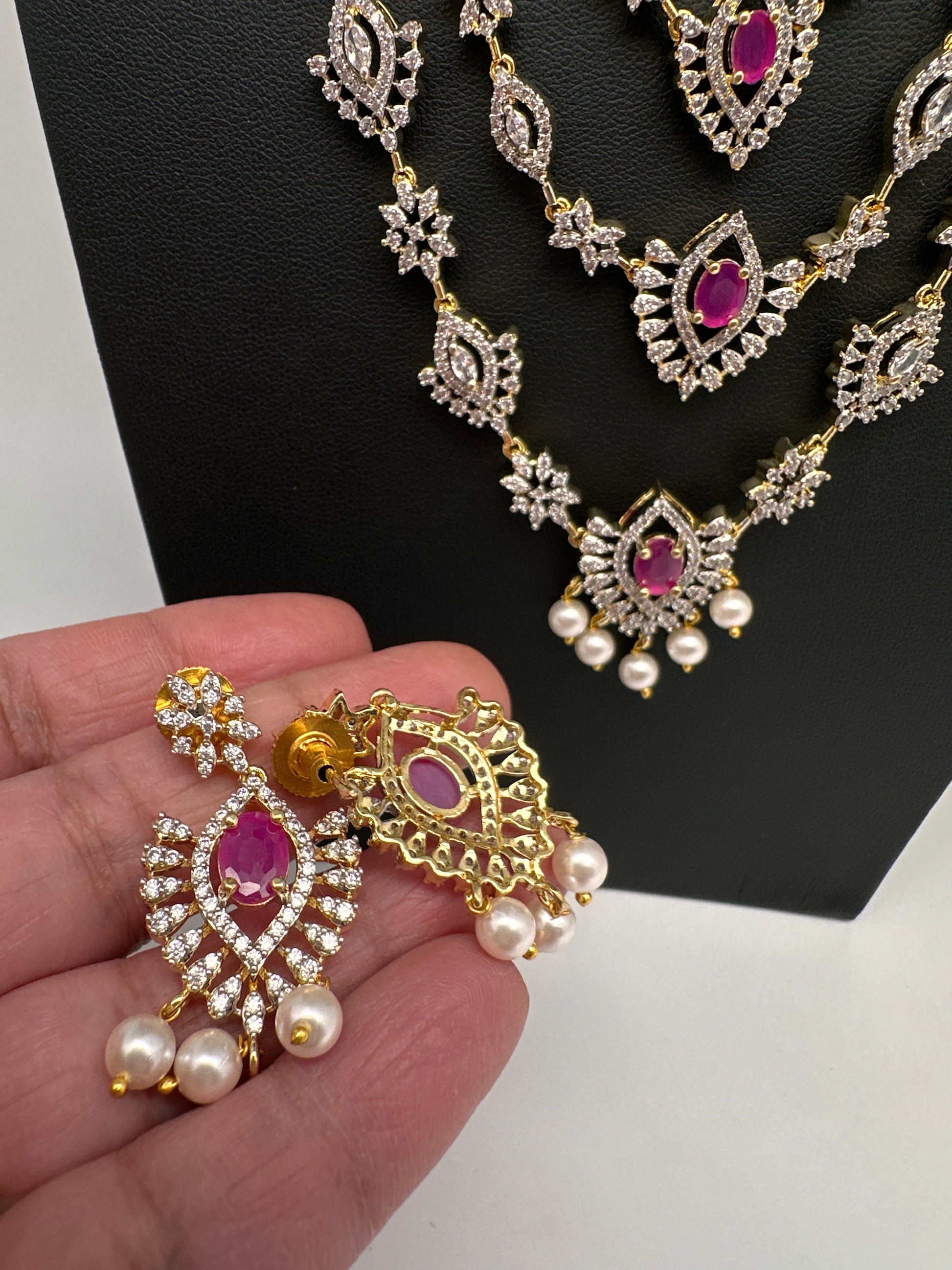 AD Color Stone Multi Layer Long  Necklace - Red