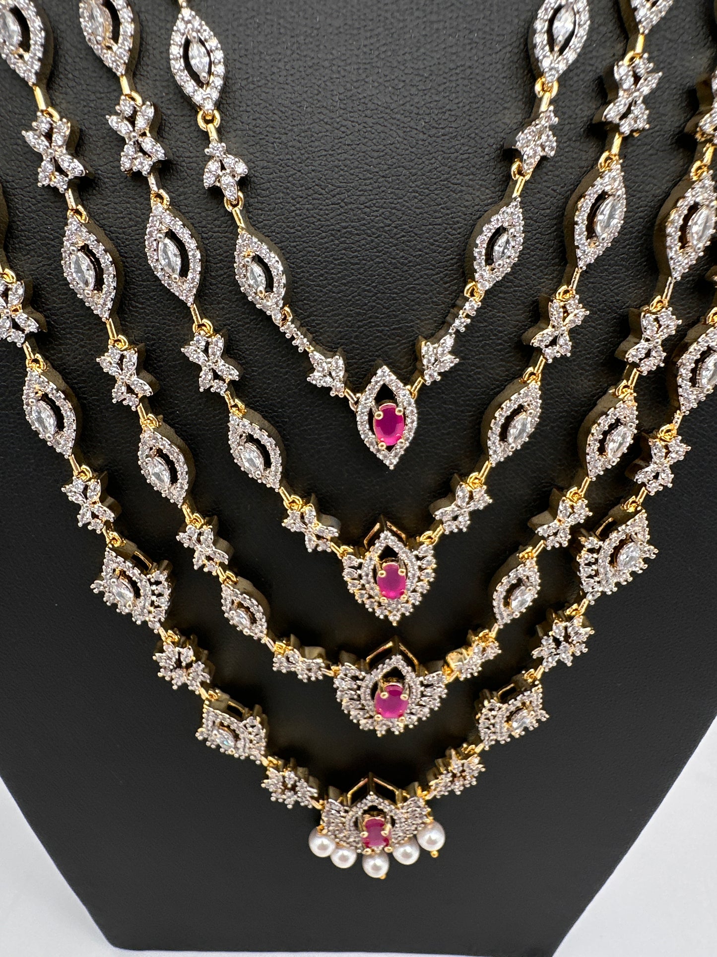 AD Color Stone Multi Layer Long  Necklace - Red